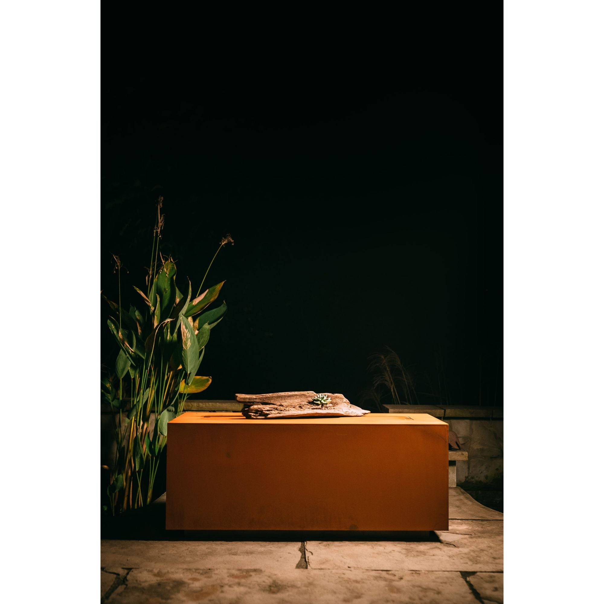 Orange firepit with plants on a dark background