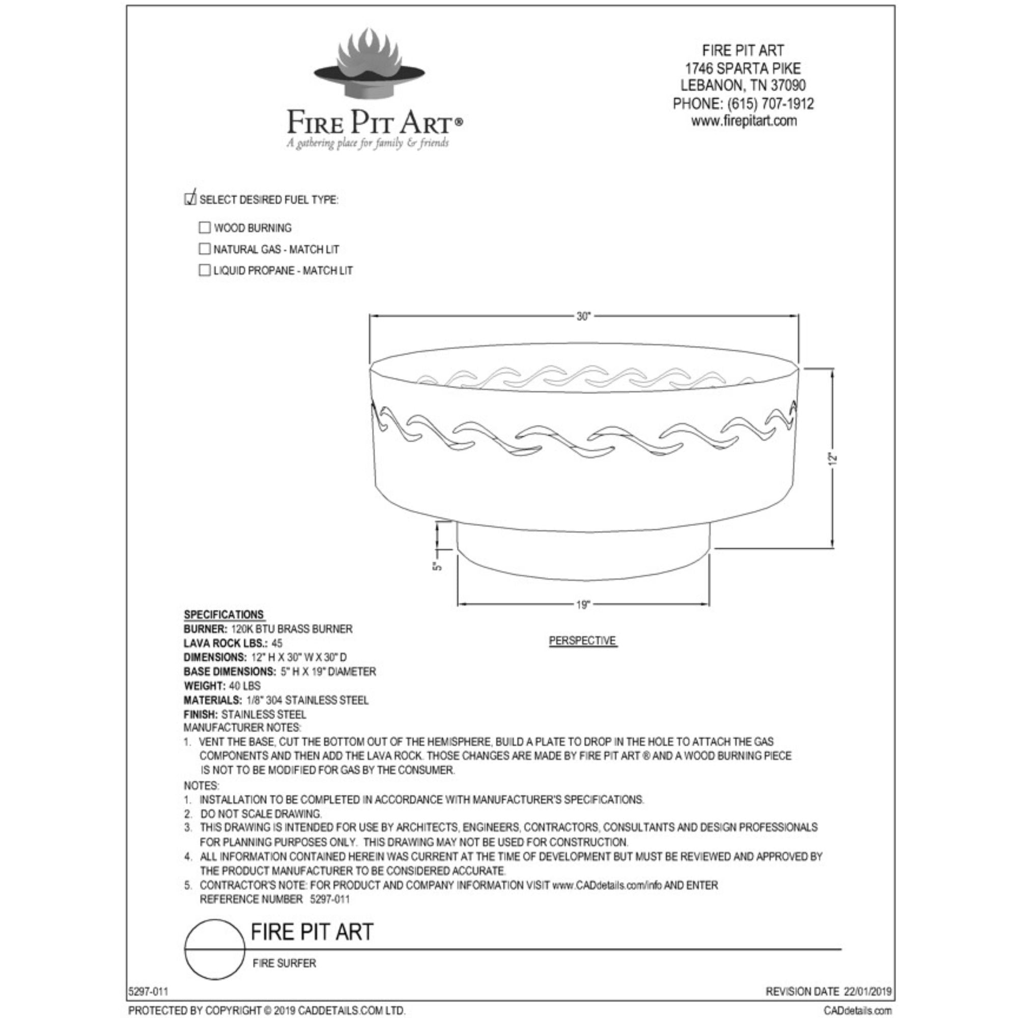 Technical drawing of a fire pit with dimensions and specifications.