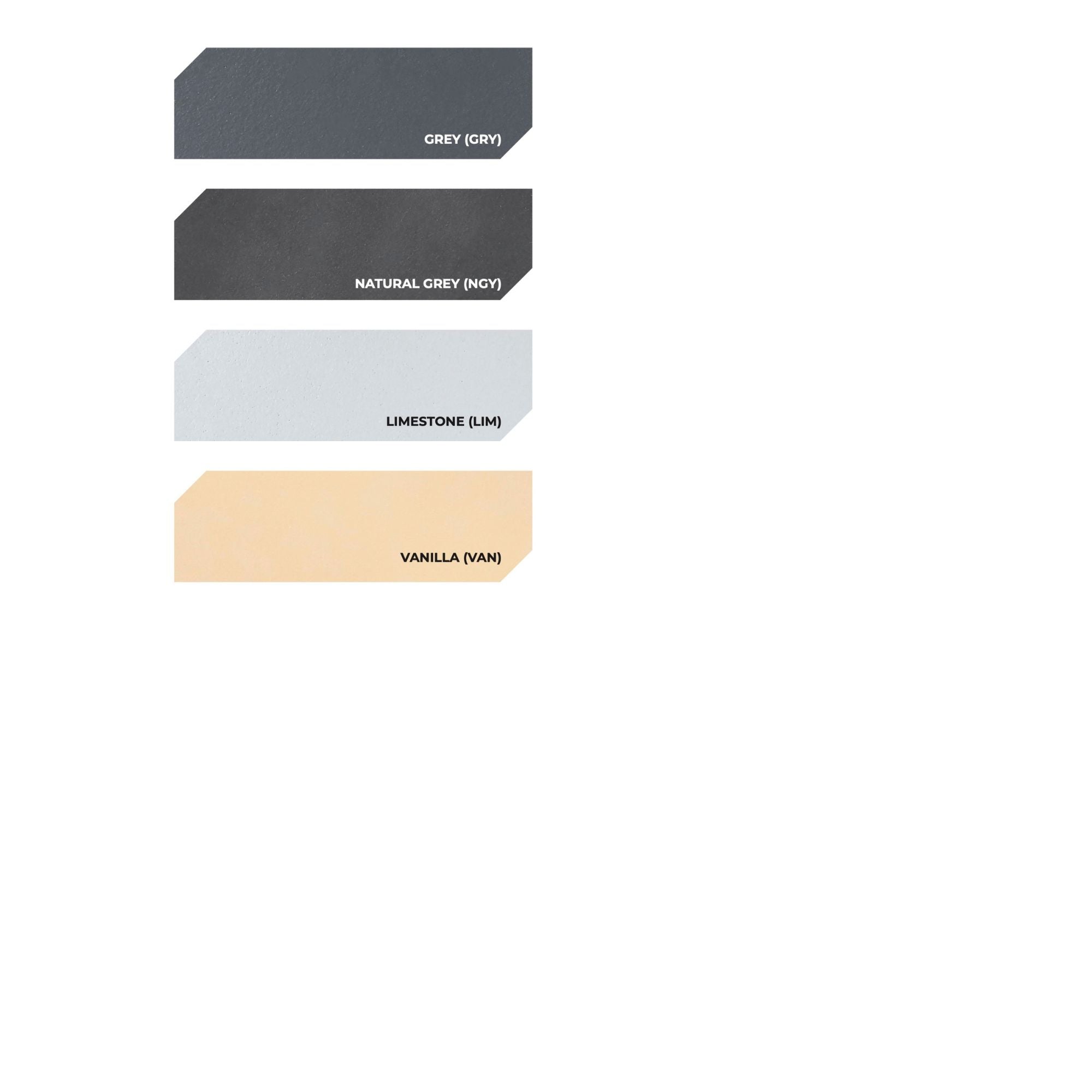 Color swatches labeled 'Gray', 'Natural Grey', 'Limestone', and 'Vanilla' on a white background.