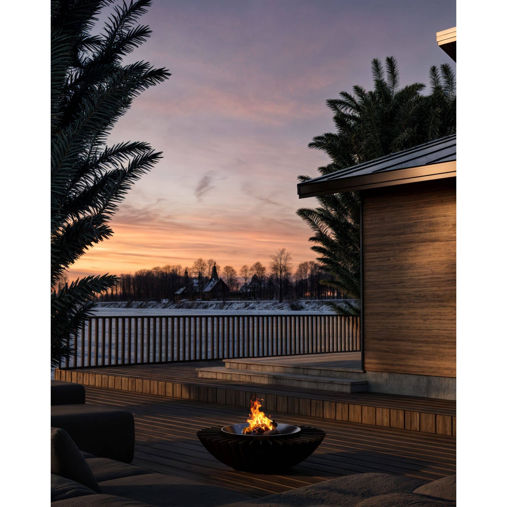 Outdoor evening scene with a fire pit on a wooden deck, surrounded by trees and a sunset sky.