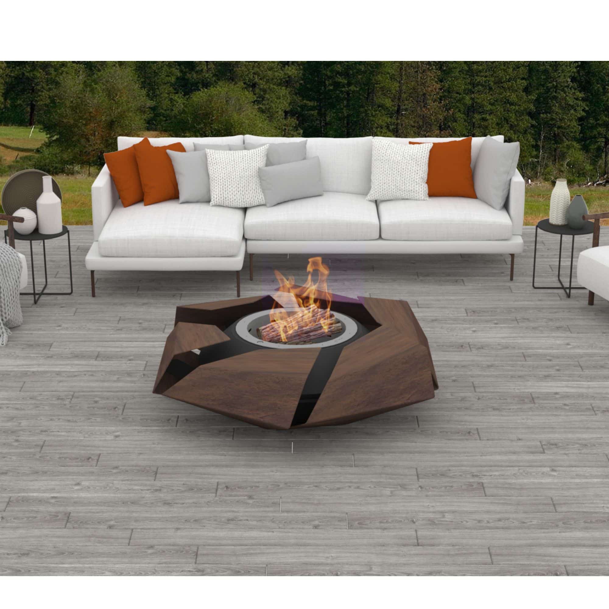 Outdoor setting with a modern fire pit table and sectional sofa on a wooden deck.