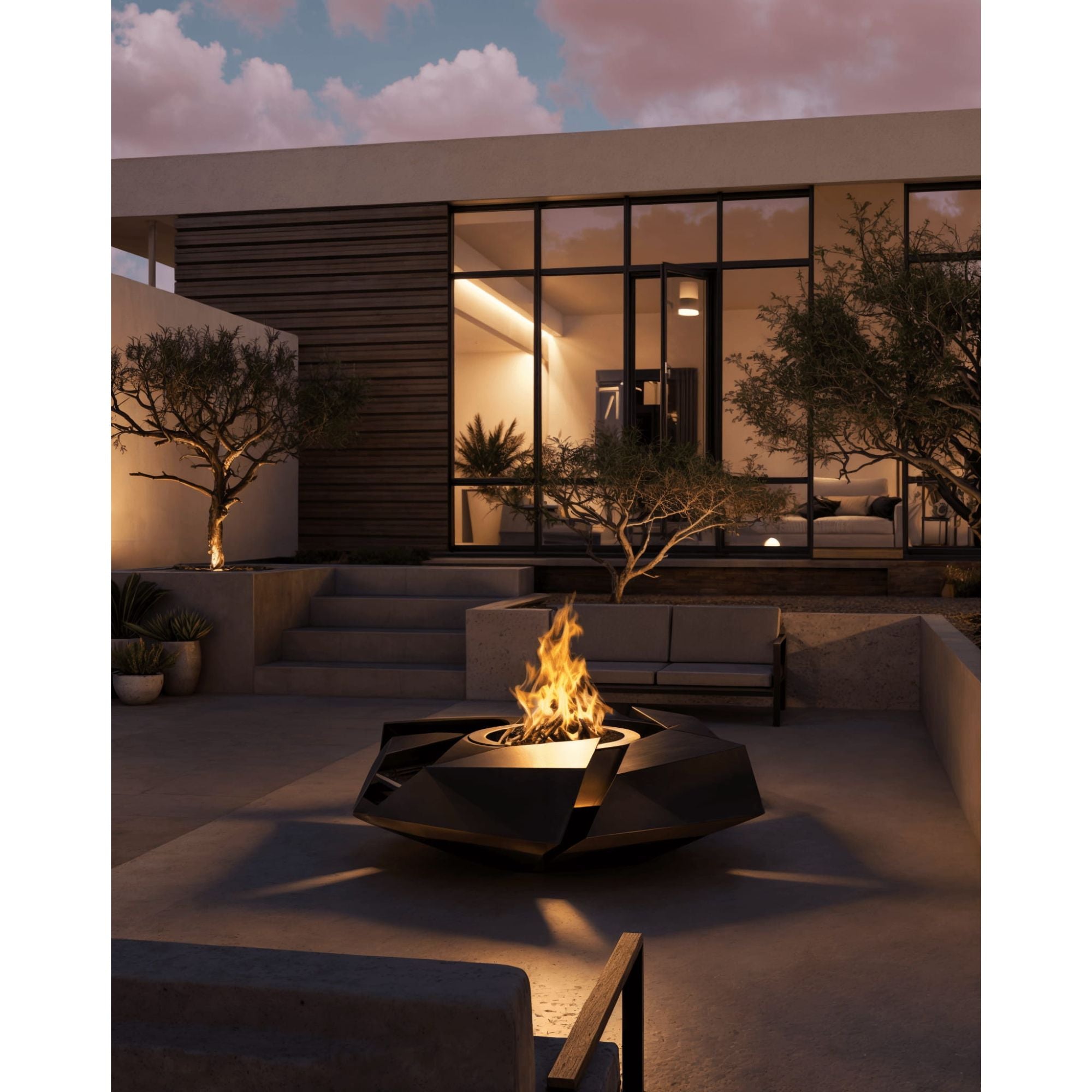 Modern outdoor patio with fire pit and house interior visible