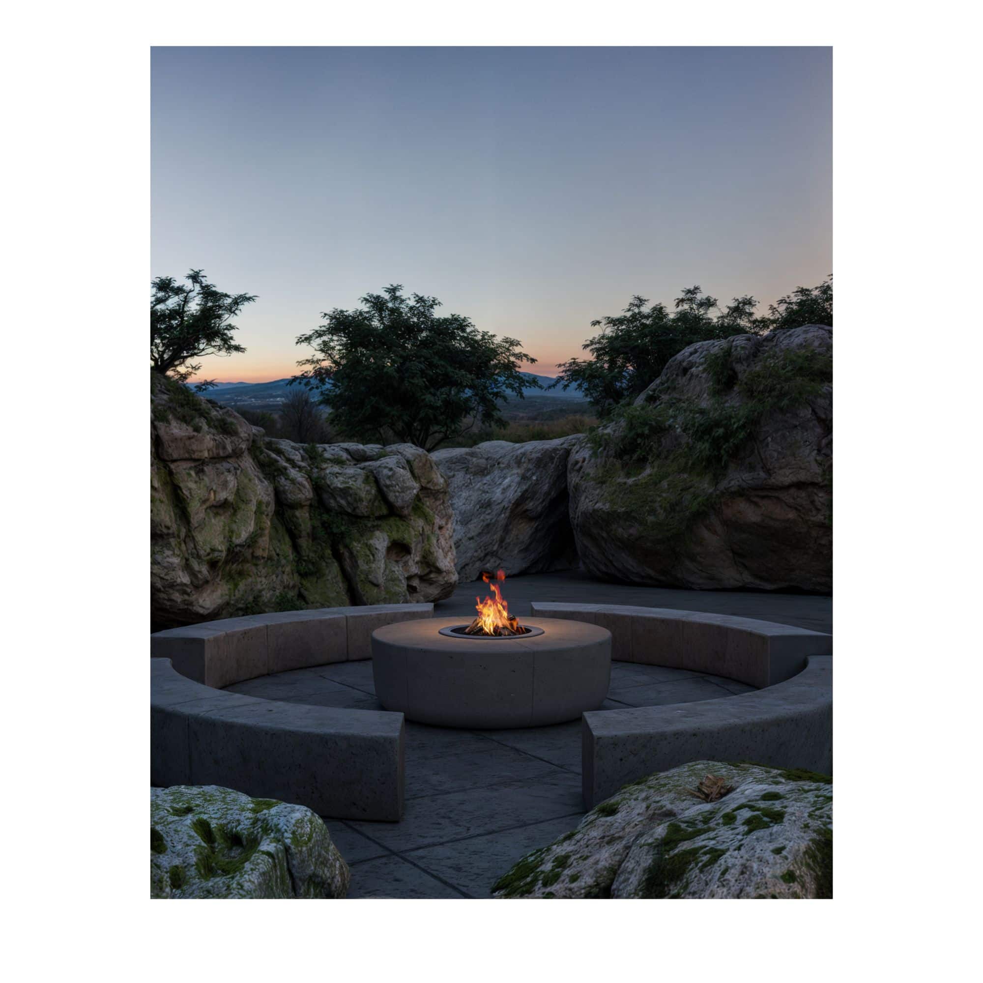 Outdoor fire pit area with a scenic view of mountains at dusk.