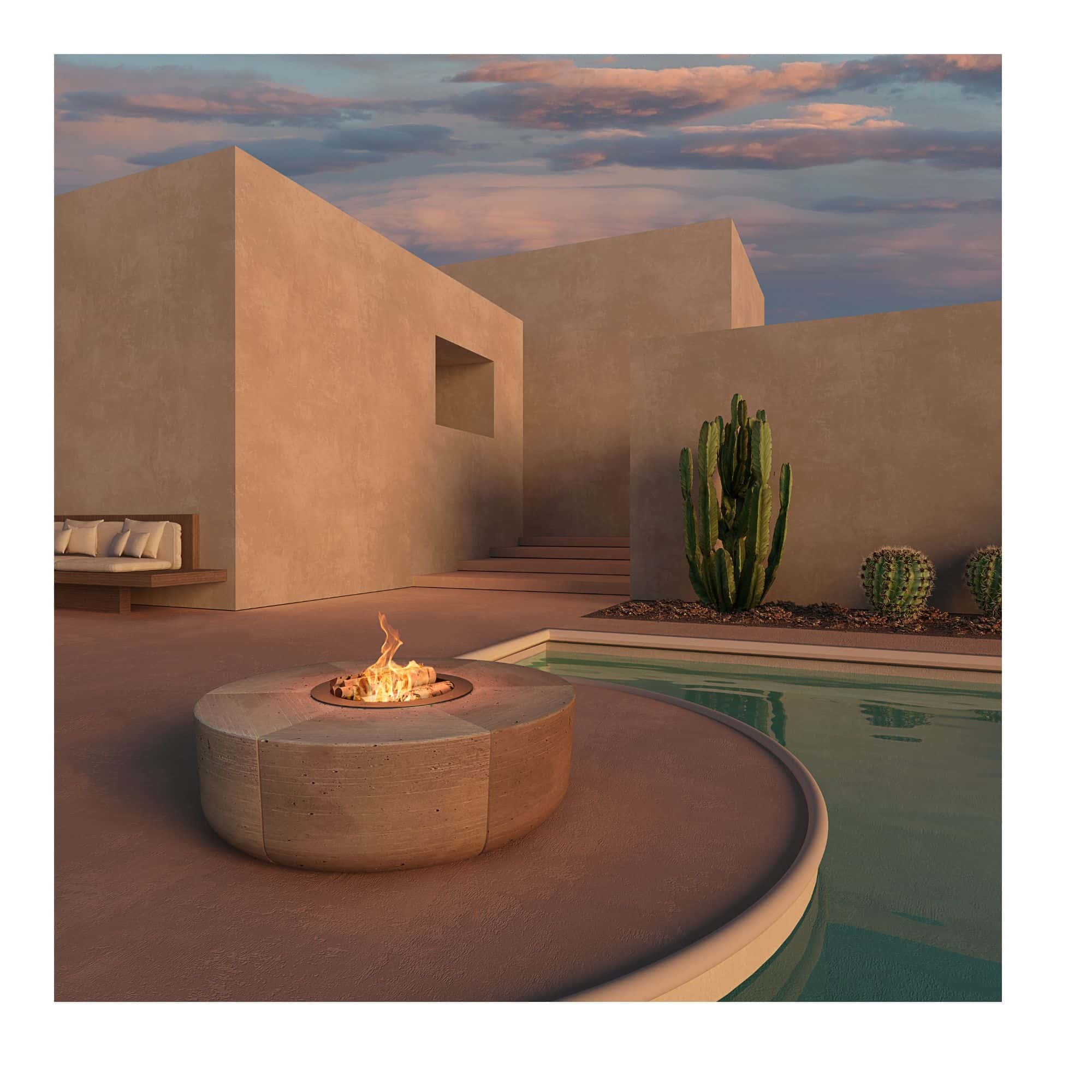 Modern outdoor setting with a fire pit, pool, and cacti against a sunset sky.