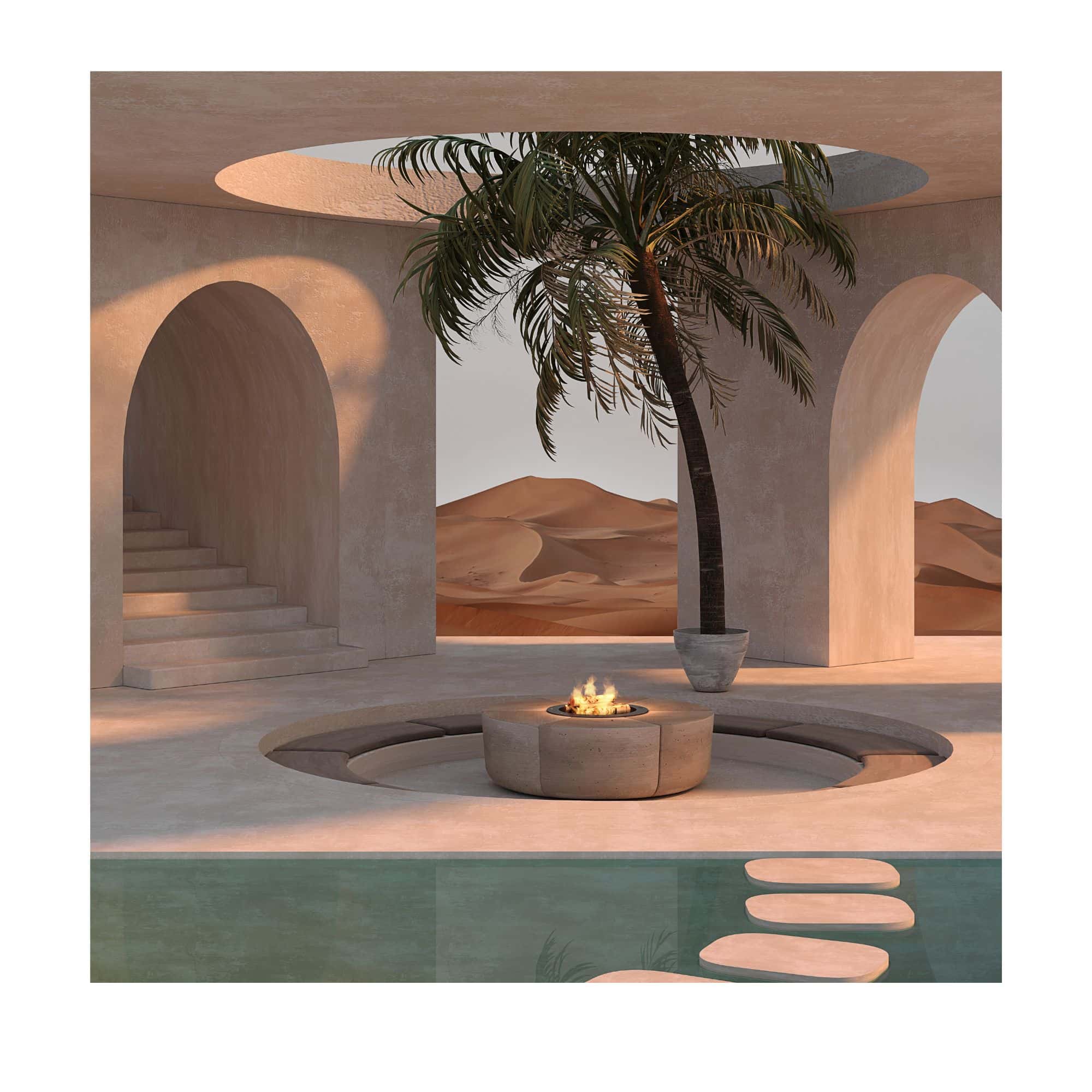 Desert landscape with a fire pit, palm tree, and archways.