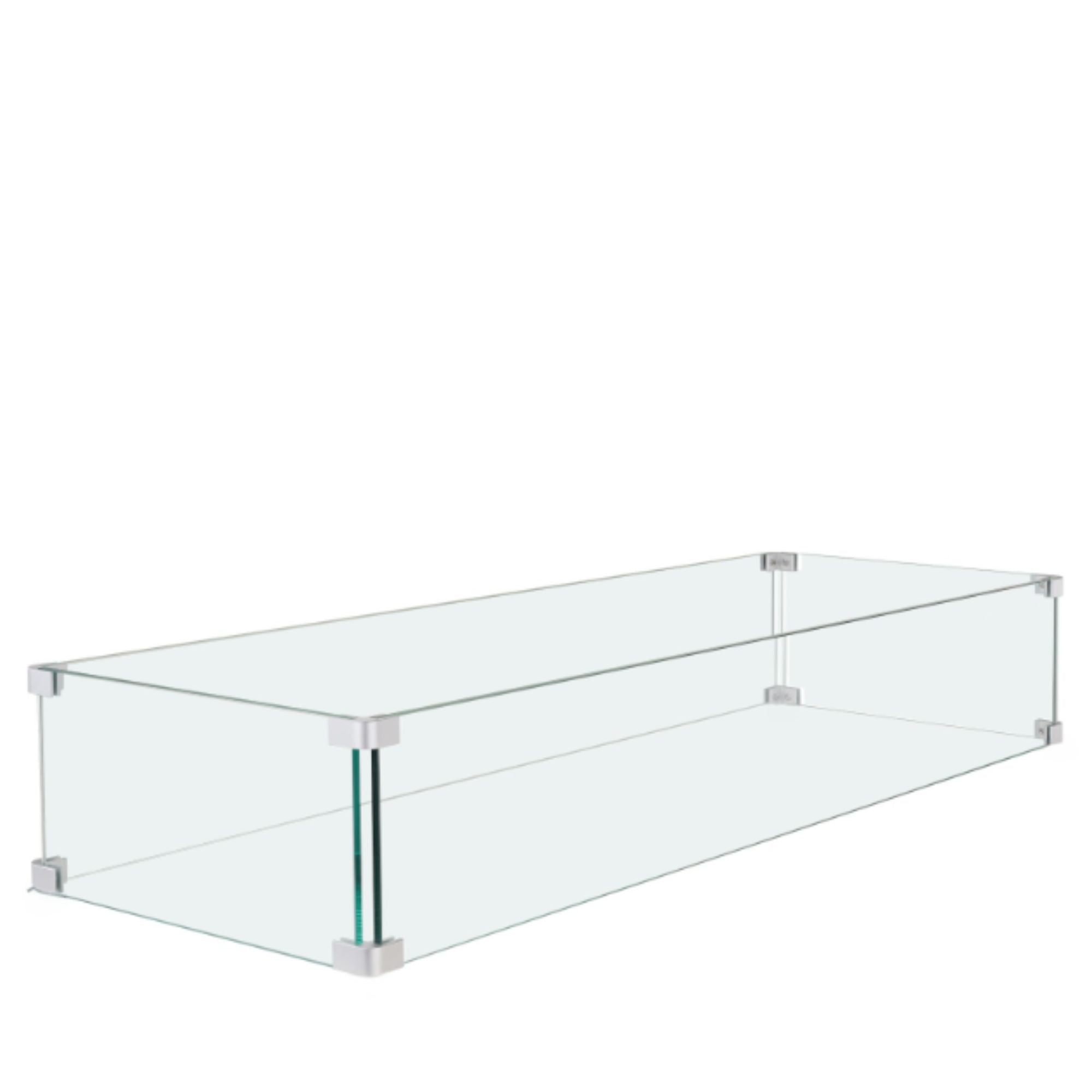 Clear glass wind guard with metal brackets on a white background
