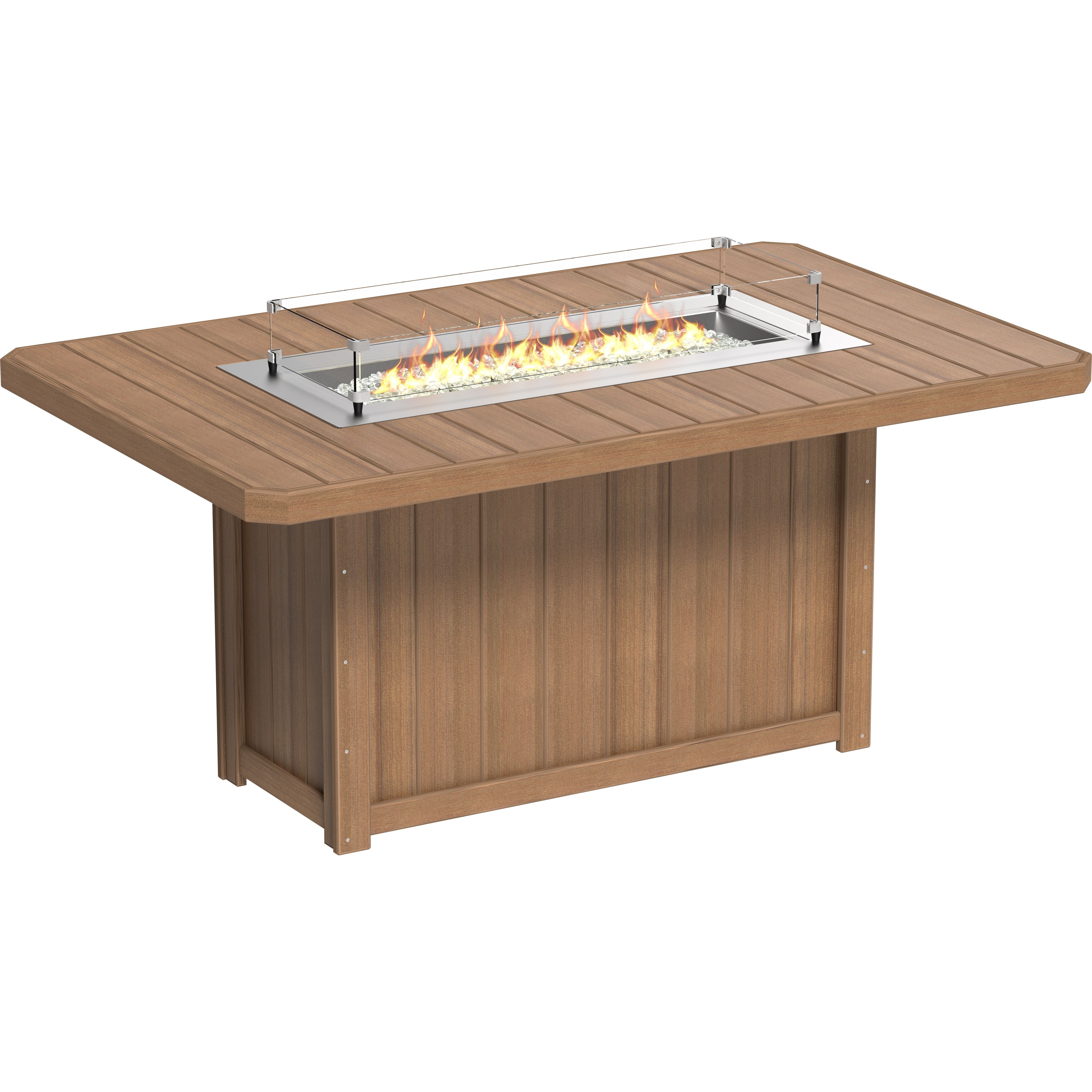 Wooden fire pit table with flames on a white background