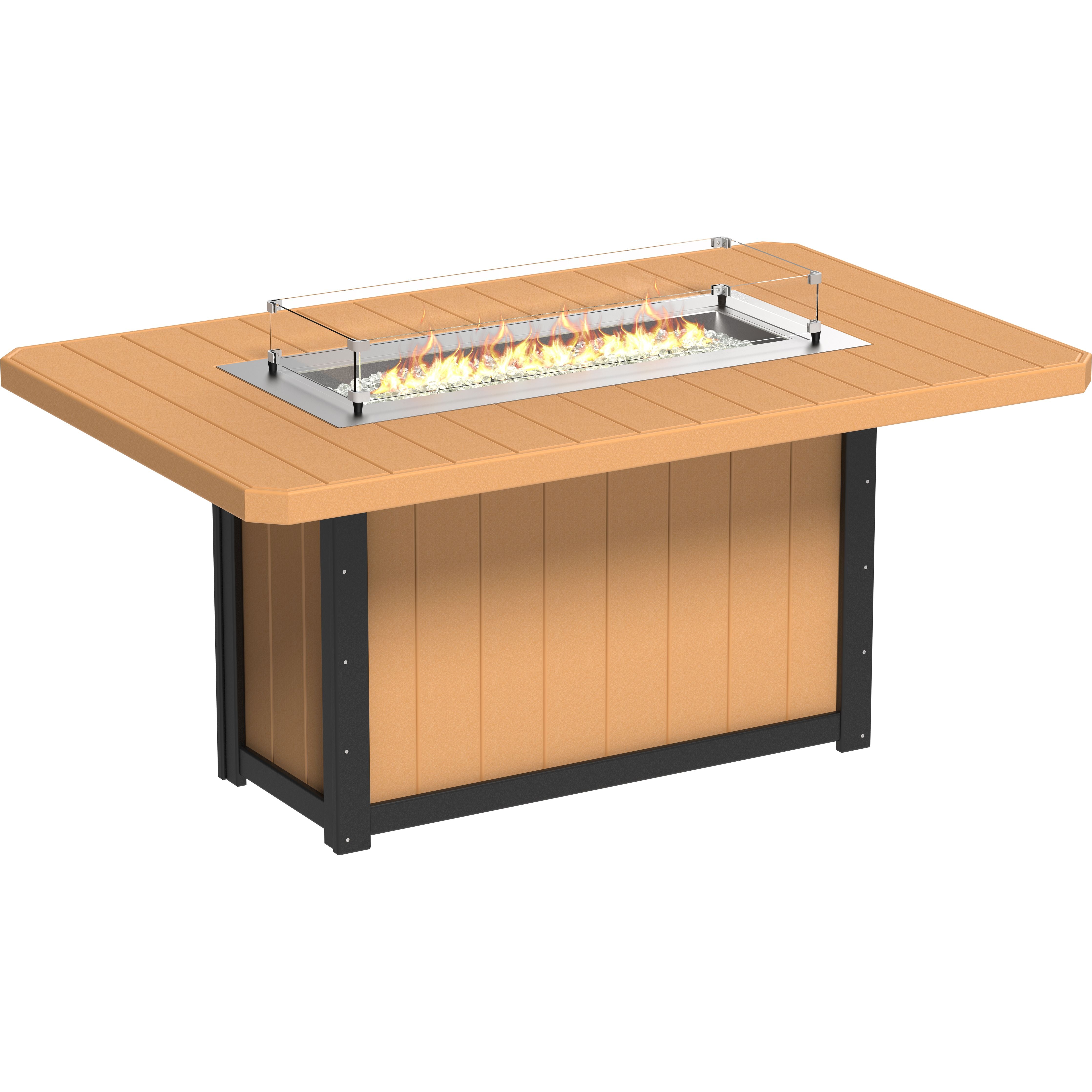 Wooden fire pit table with flames on a white background