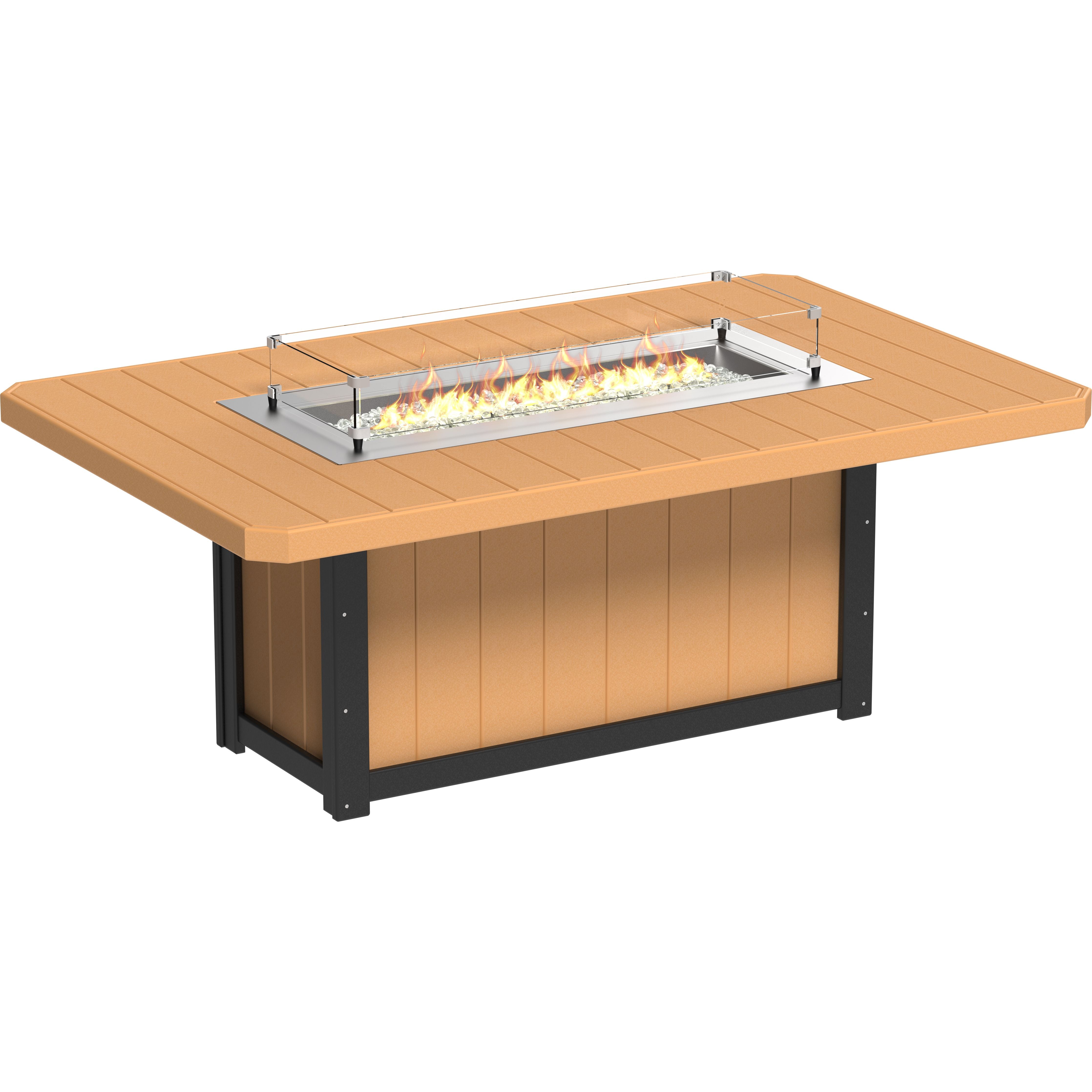 Wooden fire pit table with flames on a white background
