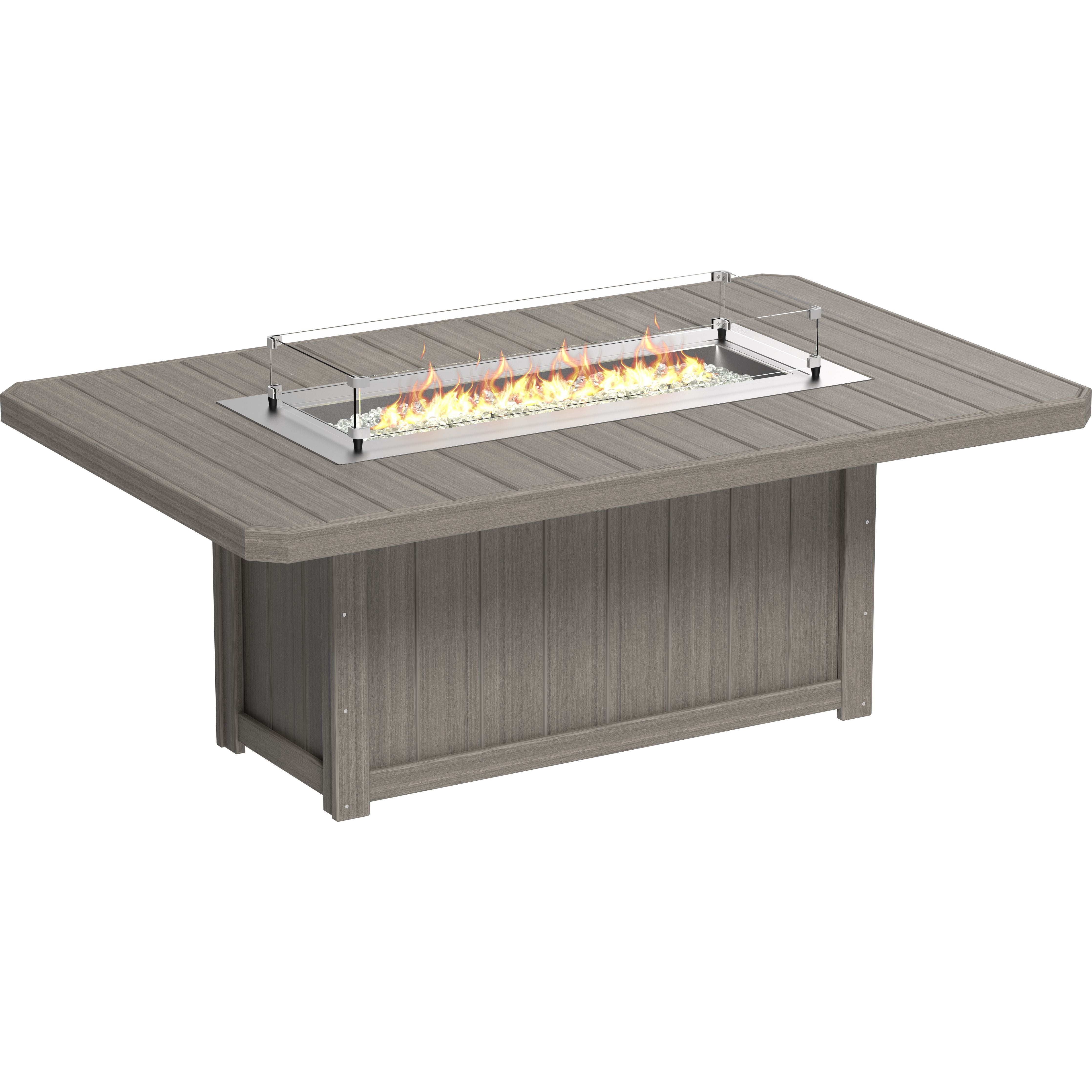 Gray outdoor fire table with flames on a white background