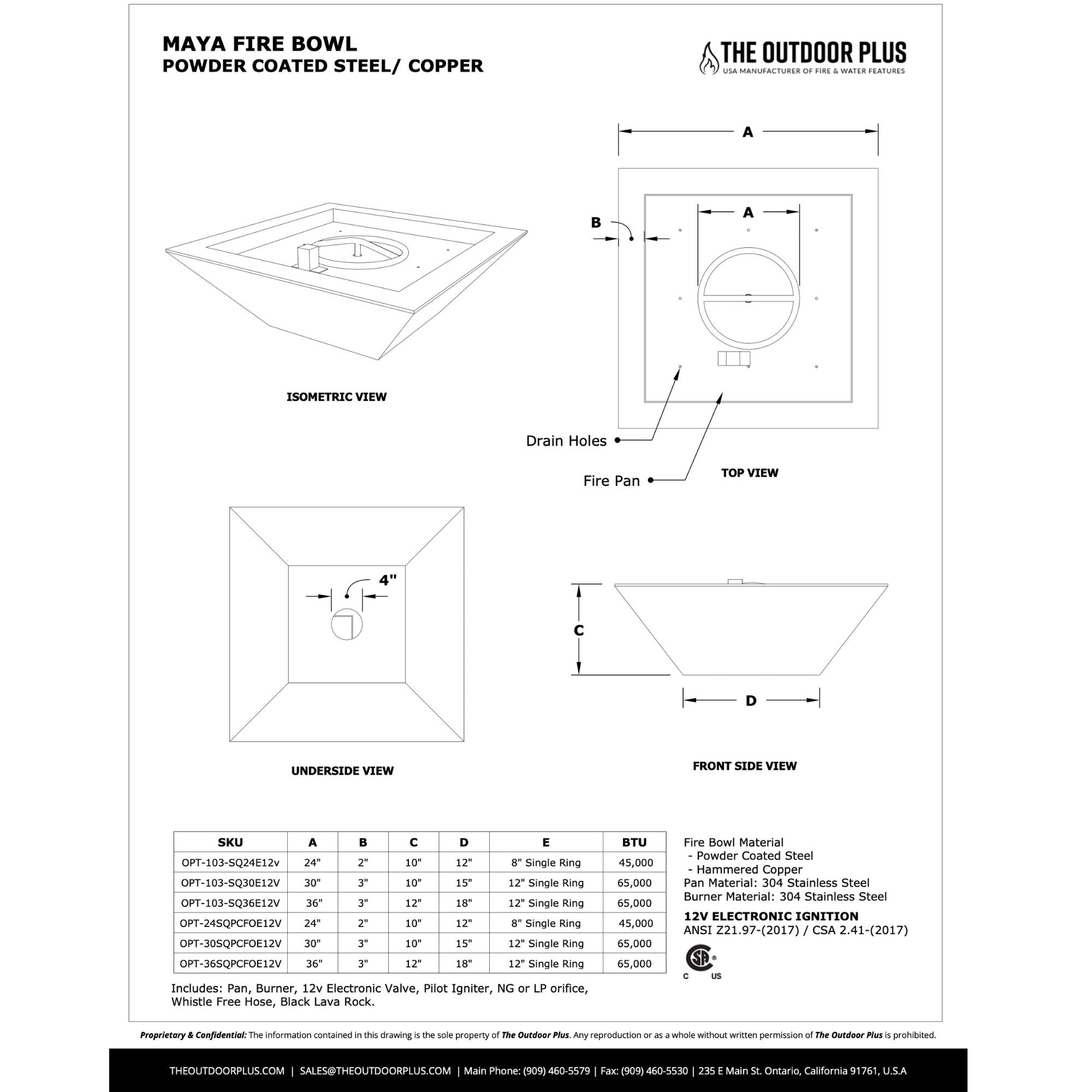 Technical drawing of a Maya Fire Bowl with dimensions and specifications.