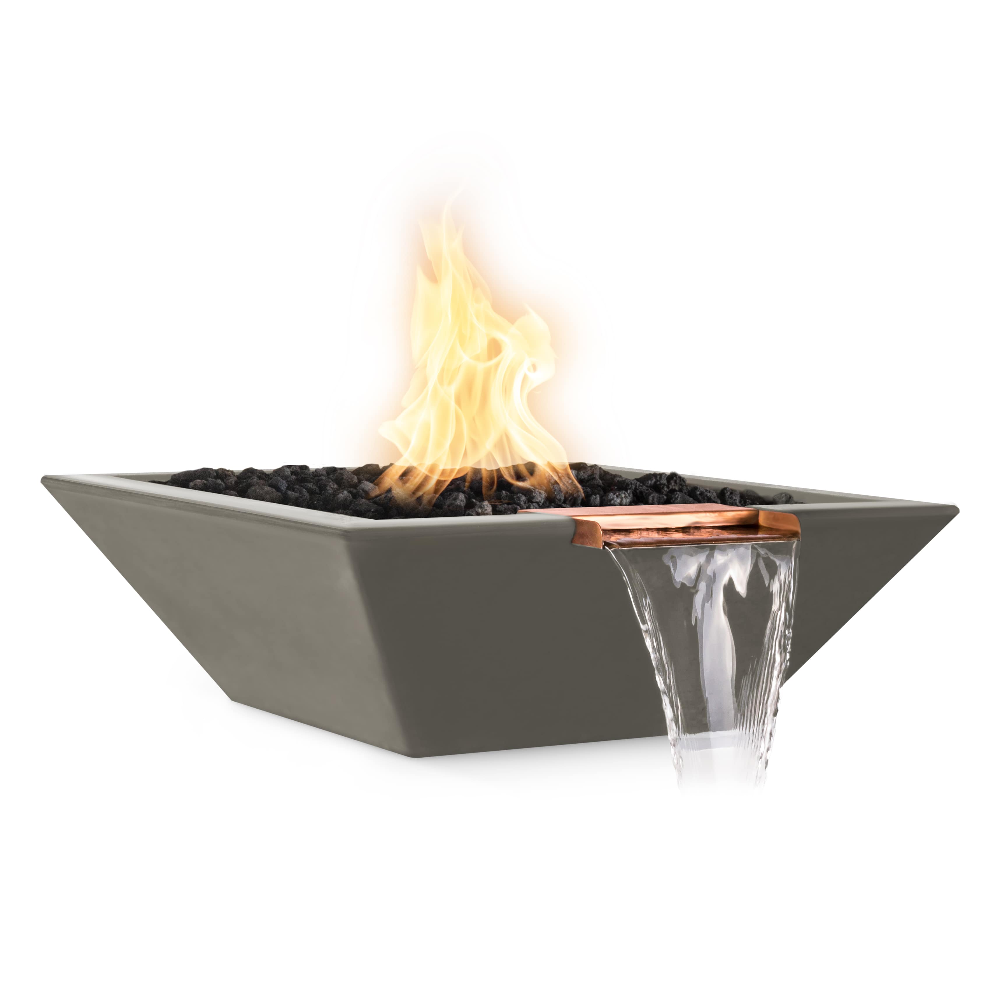 Modern fire pit with flames and water feature on a white background