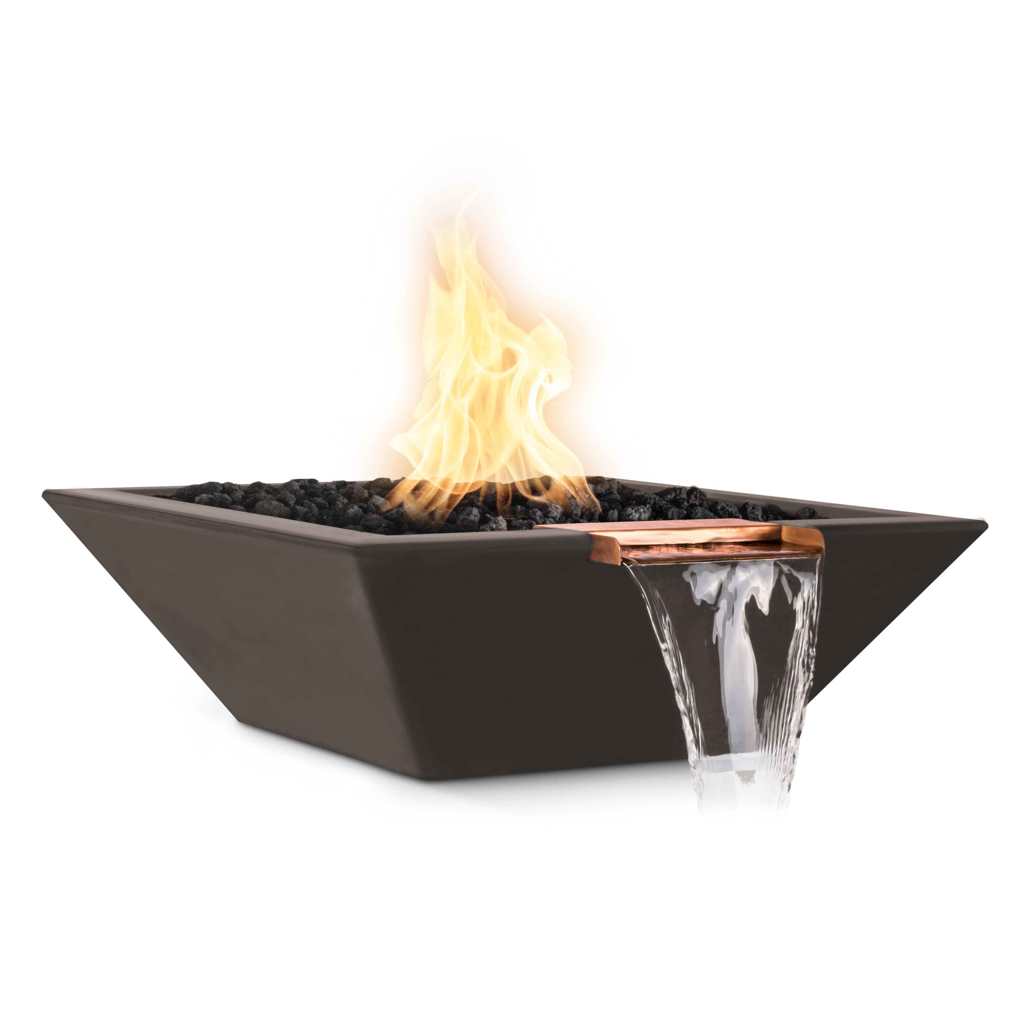 Modern fire pit with flames and water feature on a white background