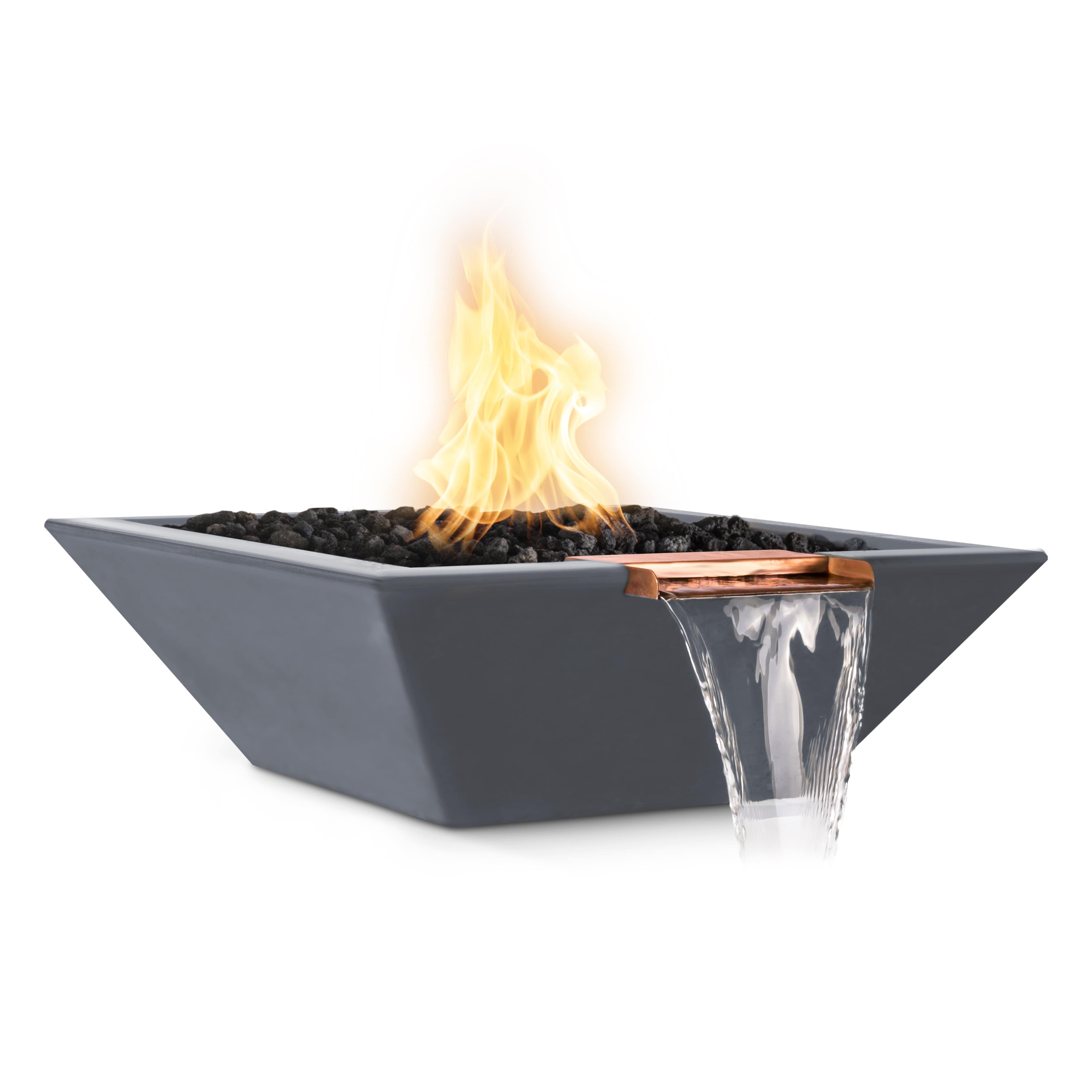 Modern outdoor fire pit with flames on a white background