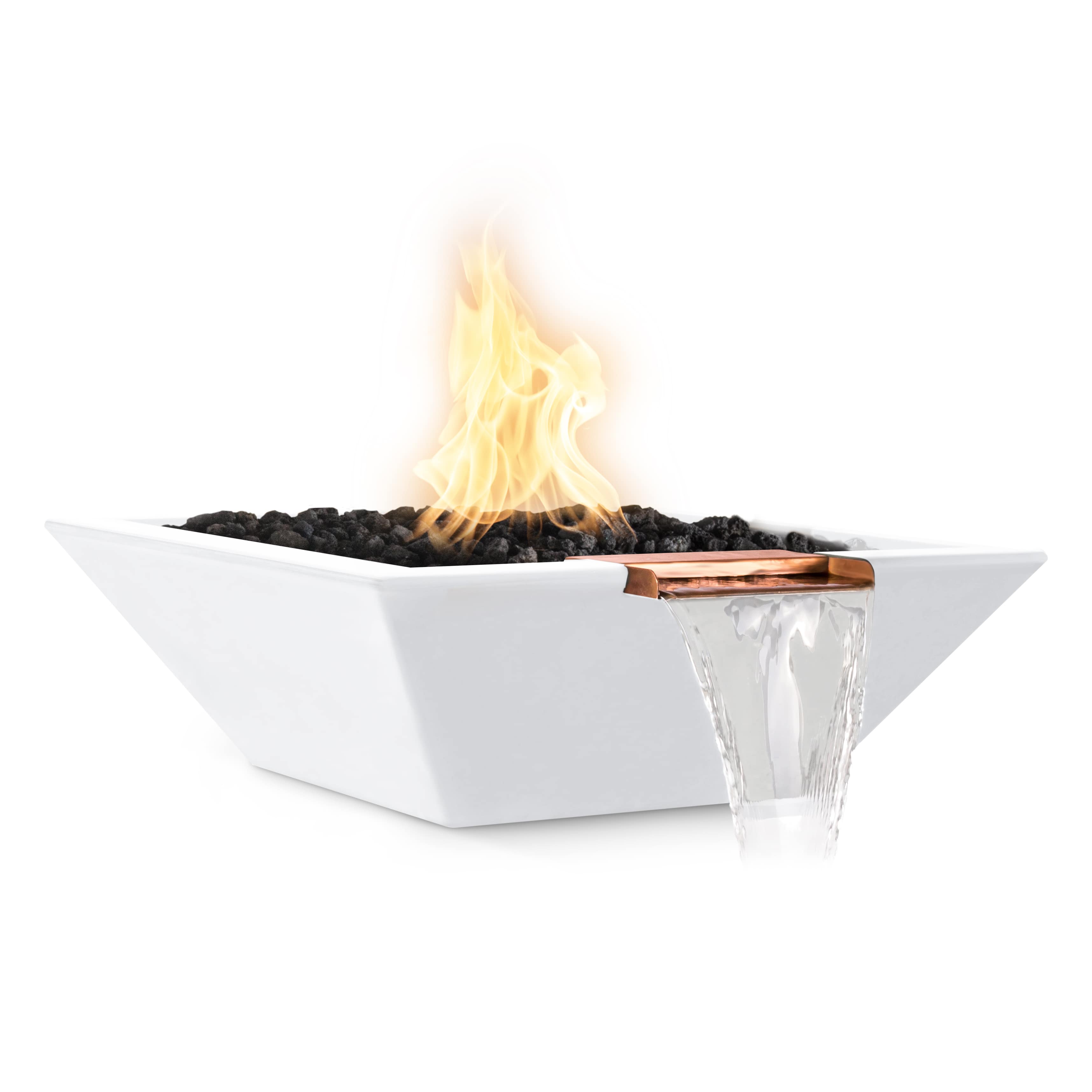 White fire pit with flames on a white background