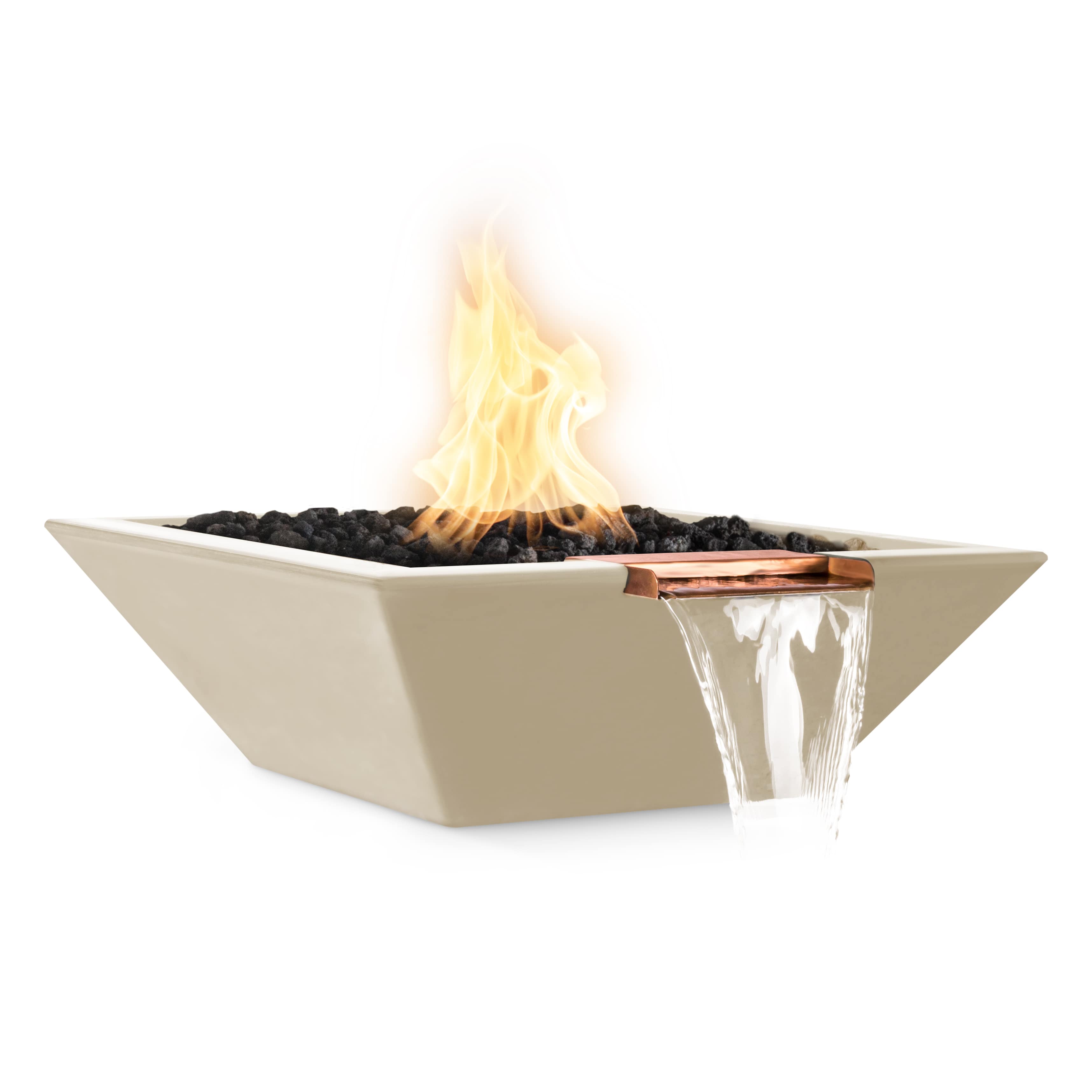 Modern outdoor fire pit with flames on a white background