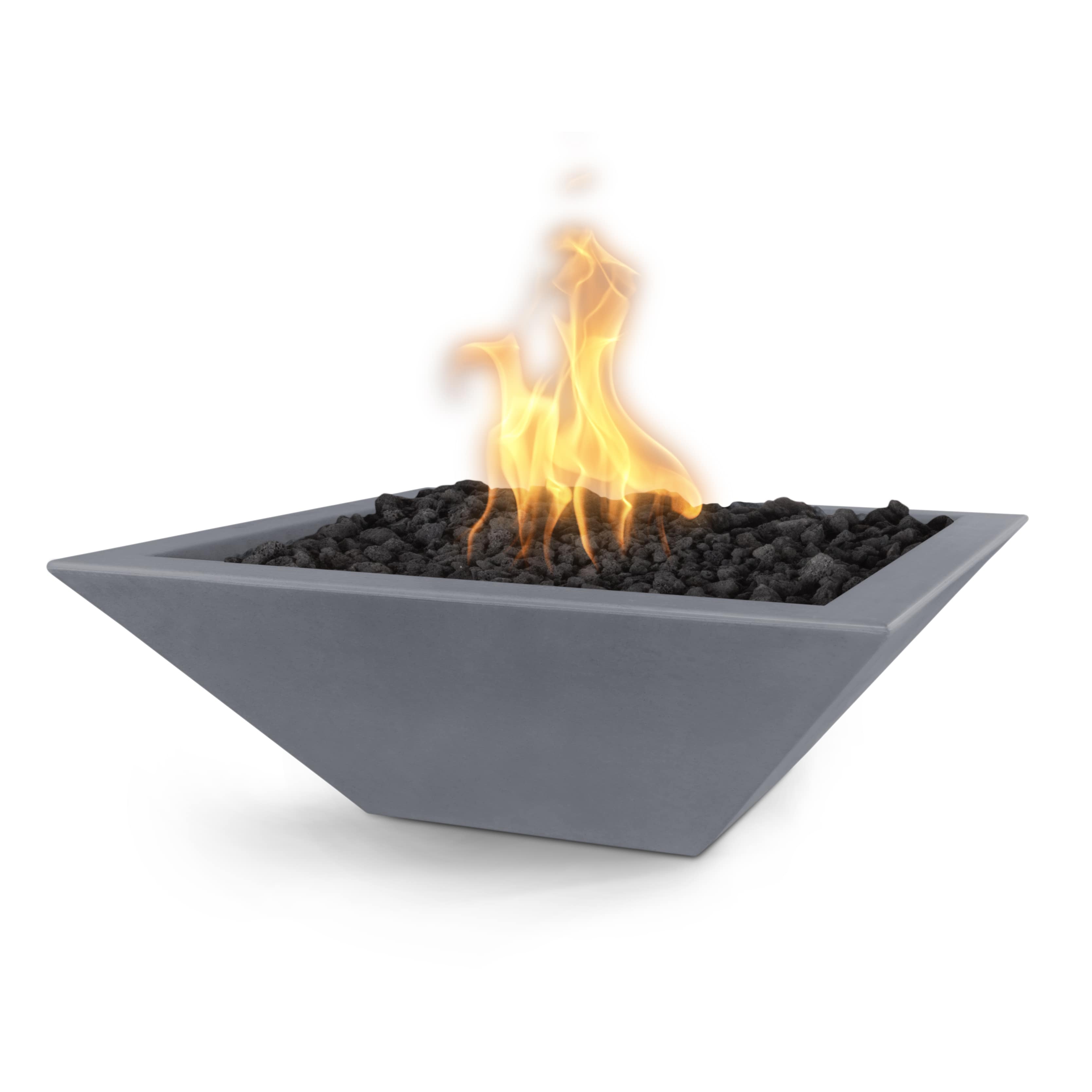 Gray fire pit with flames on a white background