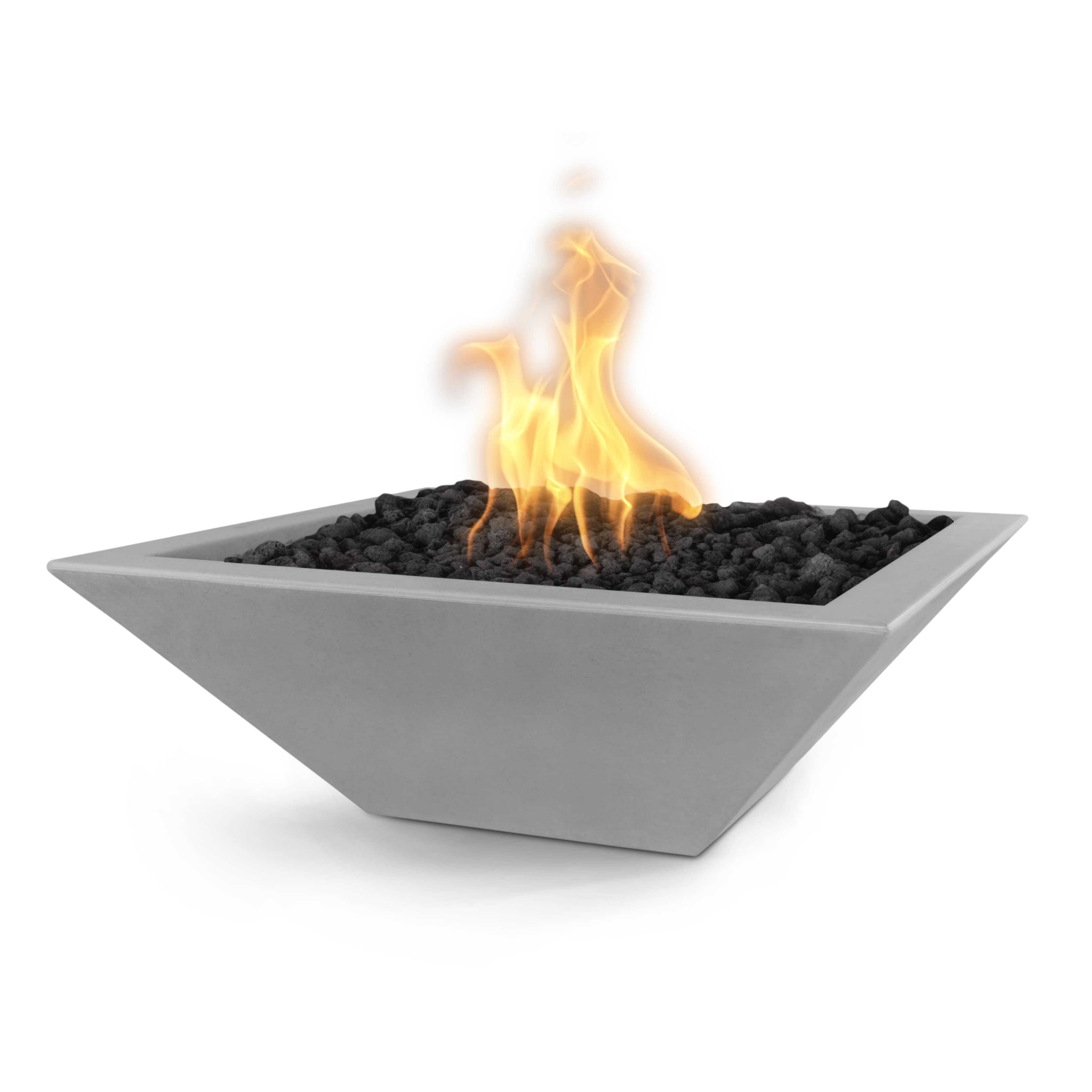 Concrete fire bowl with flames on a white background