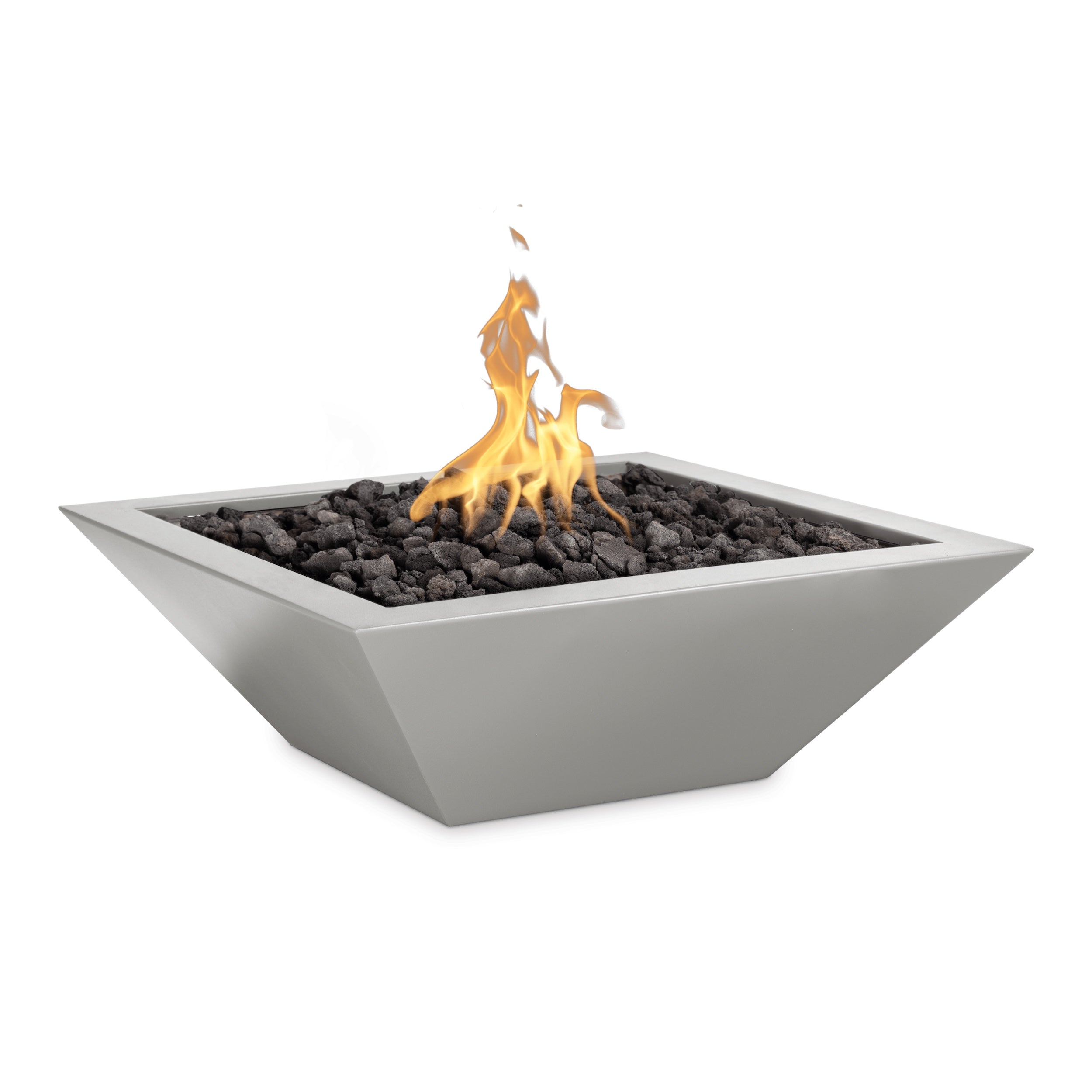Modern fire pit with flames on a white background