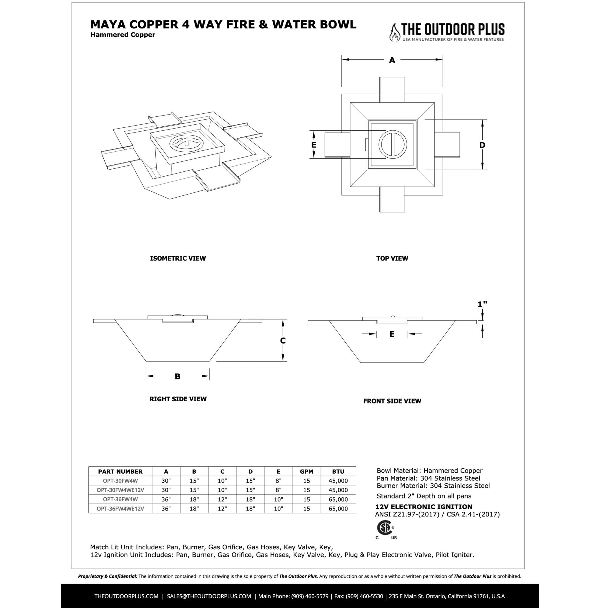Technical drawing of a Maya Copper 4-way fire and water bowl with dimensions and specifications.