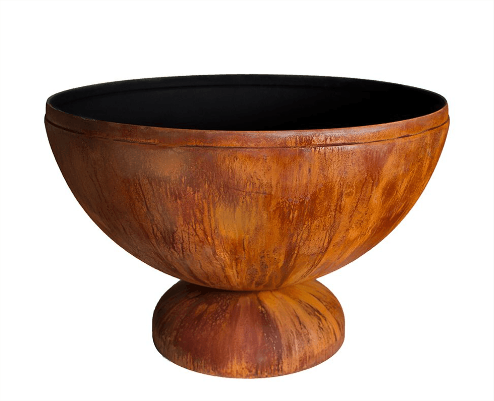 brown rustic steel firepit bowl with a dark interior on a white background