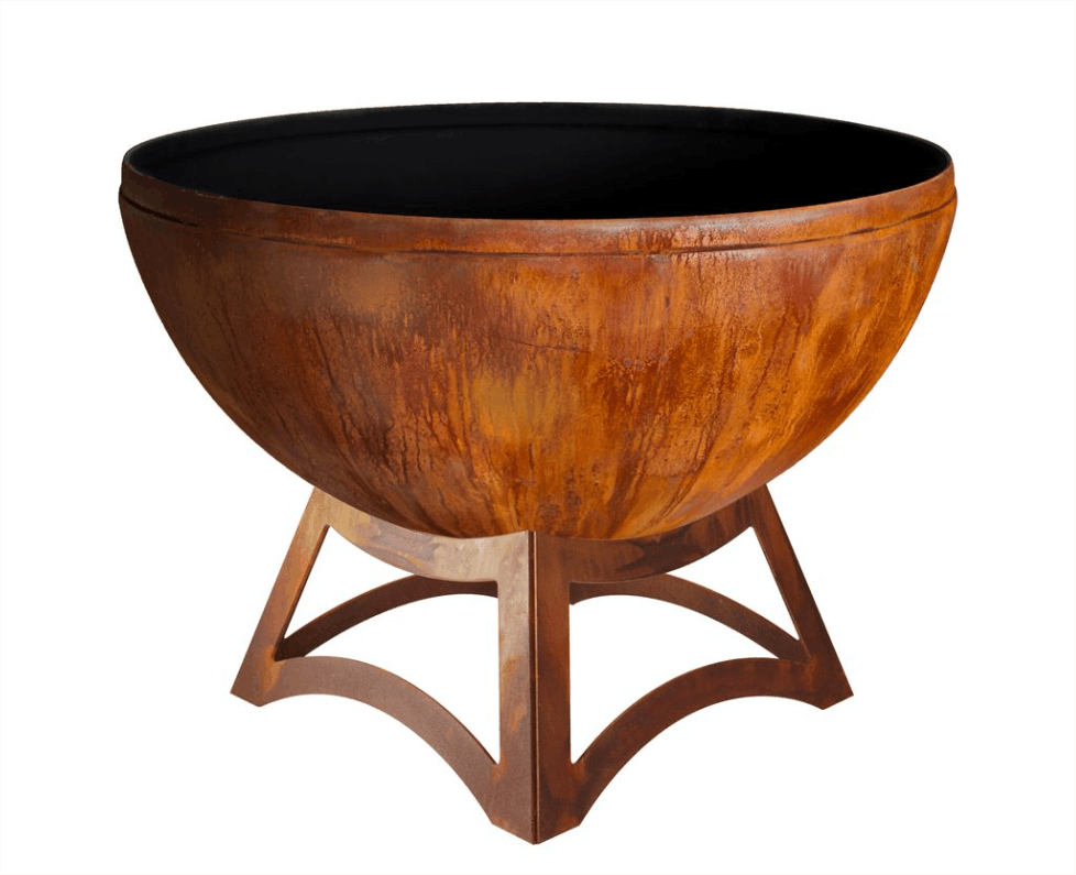Rust-colored metal fire pit bowl on a white background
