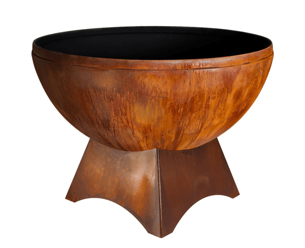 Rust-colored metal fire pit bowl on a white background