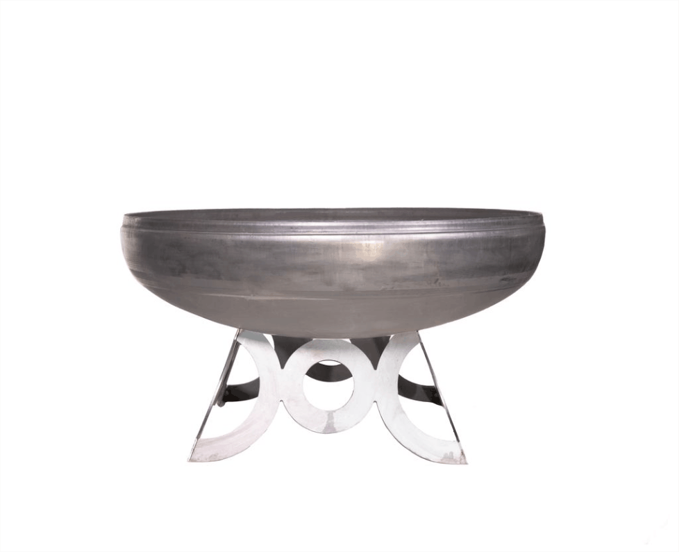 Steel fire pit with decorative legs on a white background