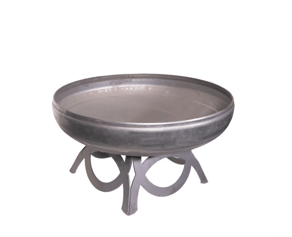 Steel fire pit with a reflective surface on a white background