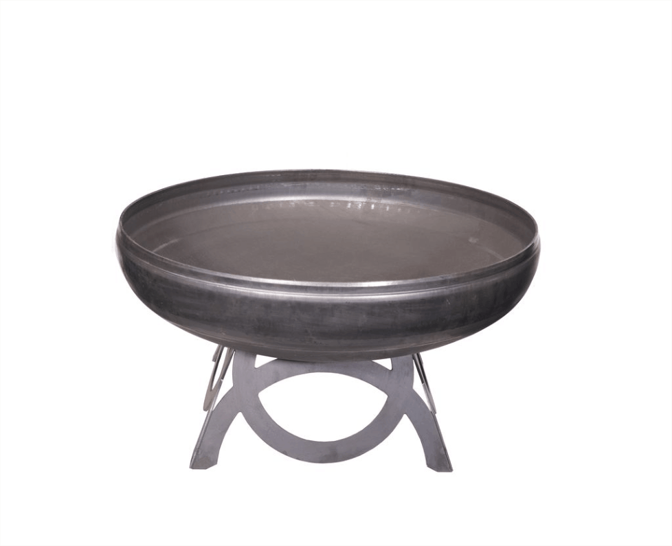 Steel fire pit with metal stand on a white background