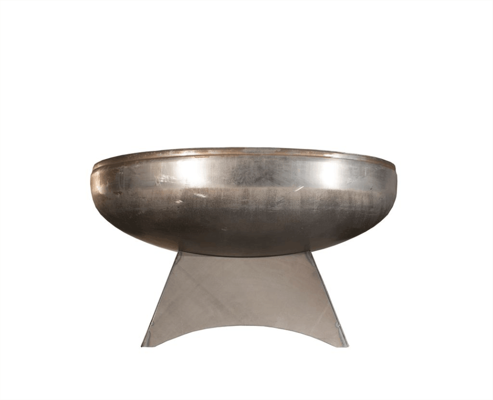 Steel firepit bowl on a stand with a white background