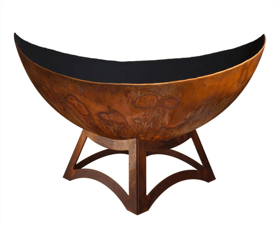 Decorative metal fire bowl with a stand on a white background