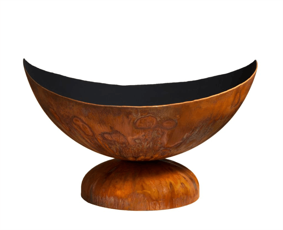 Cylindrical firepit with embossed design on a white background