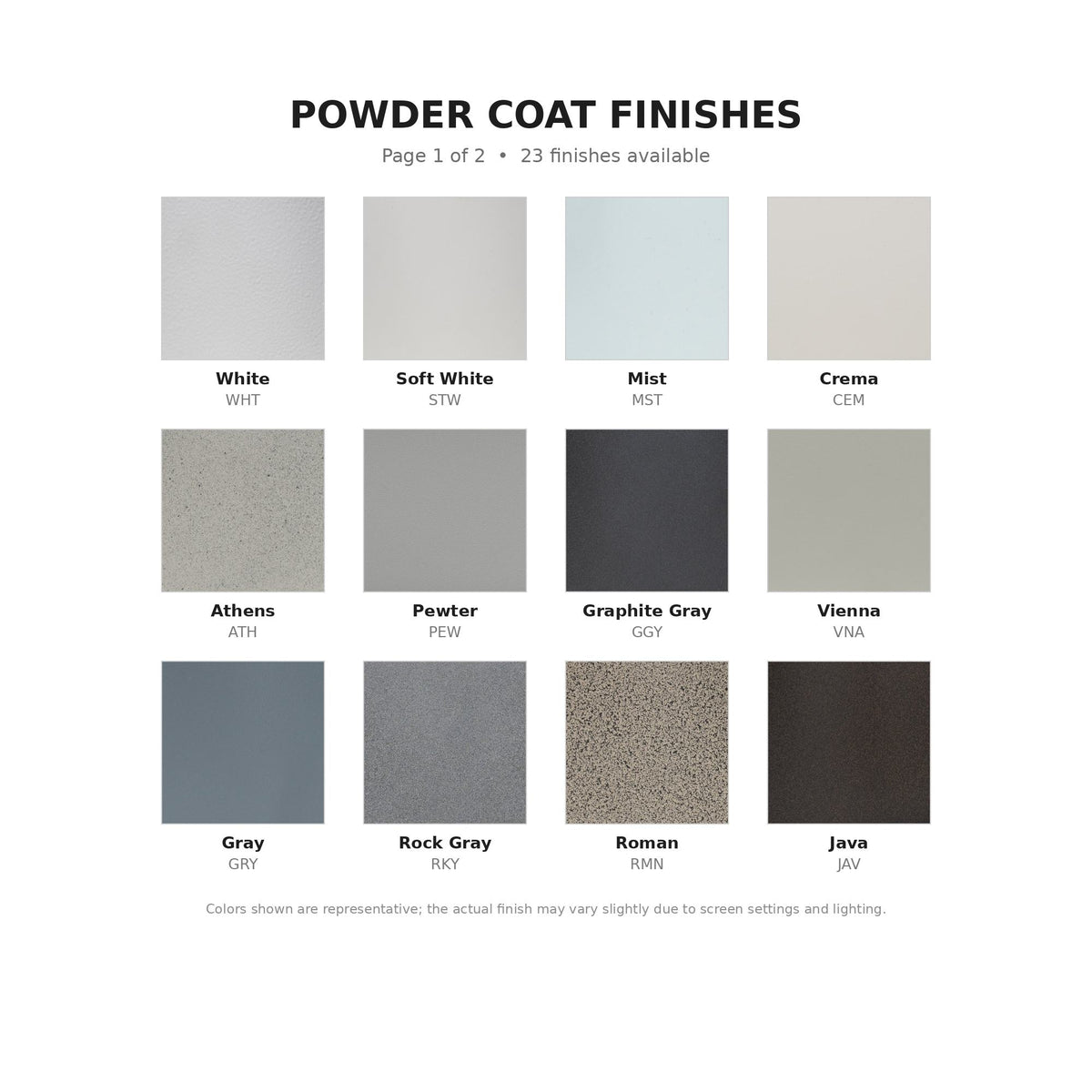 Powder coat finishes color chart - page 1 of 2