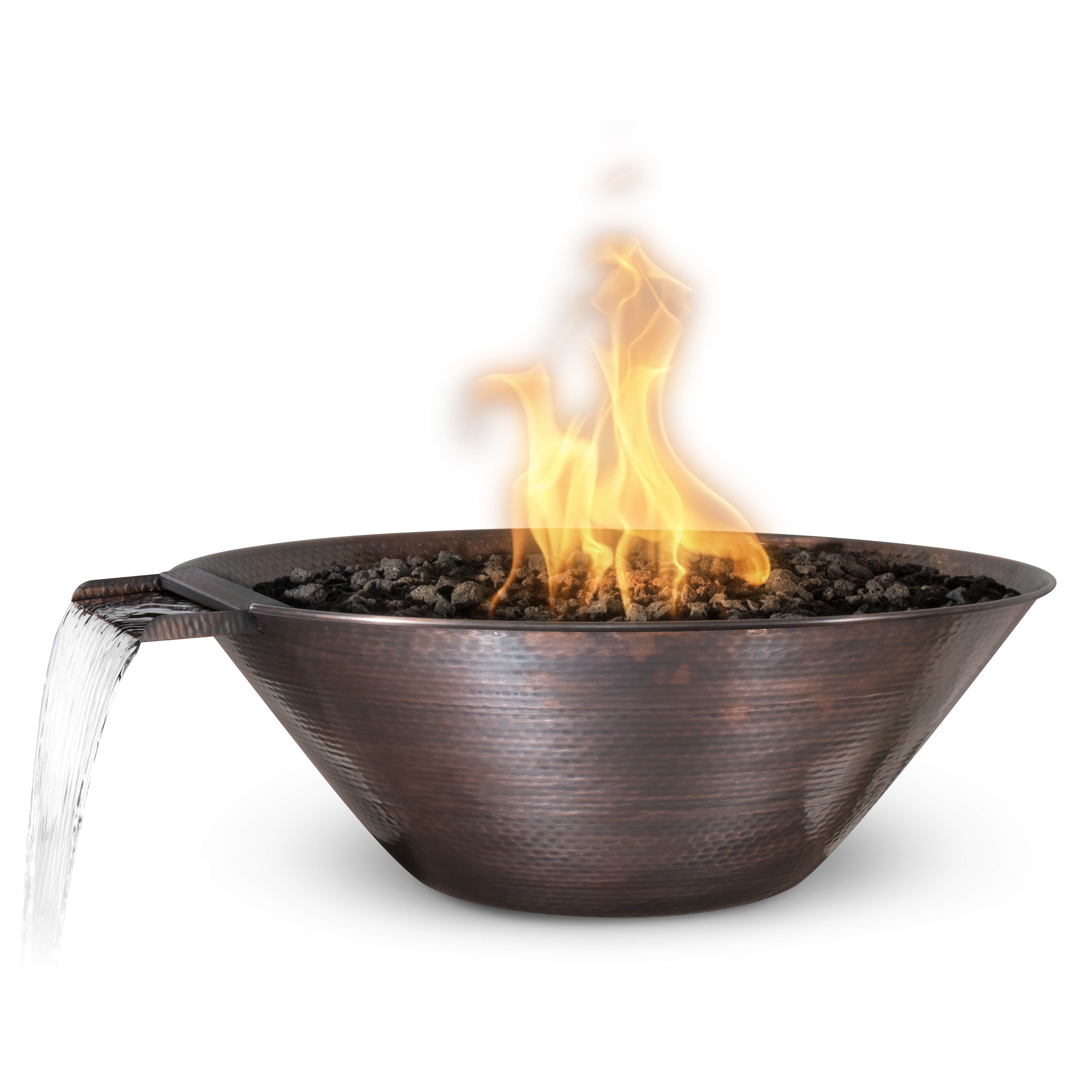 Copper fire pit with flames on a white background