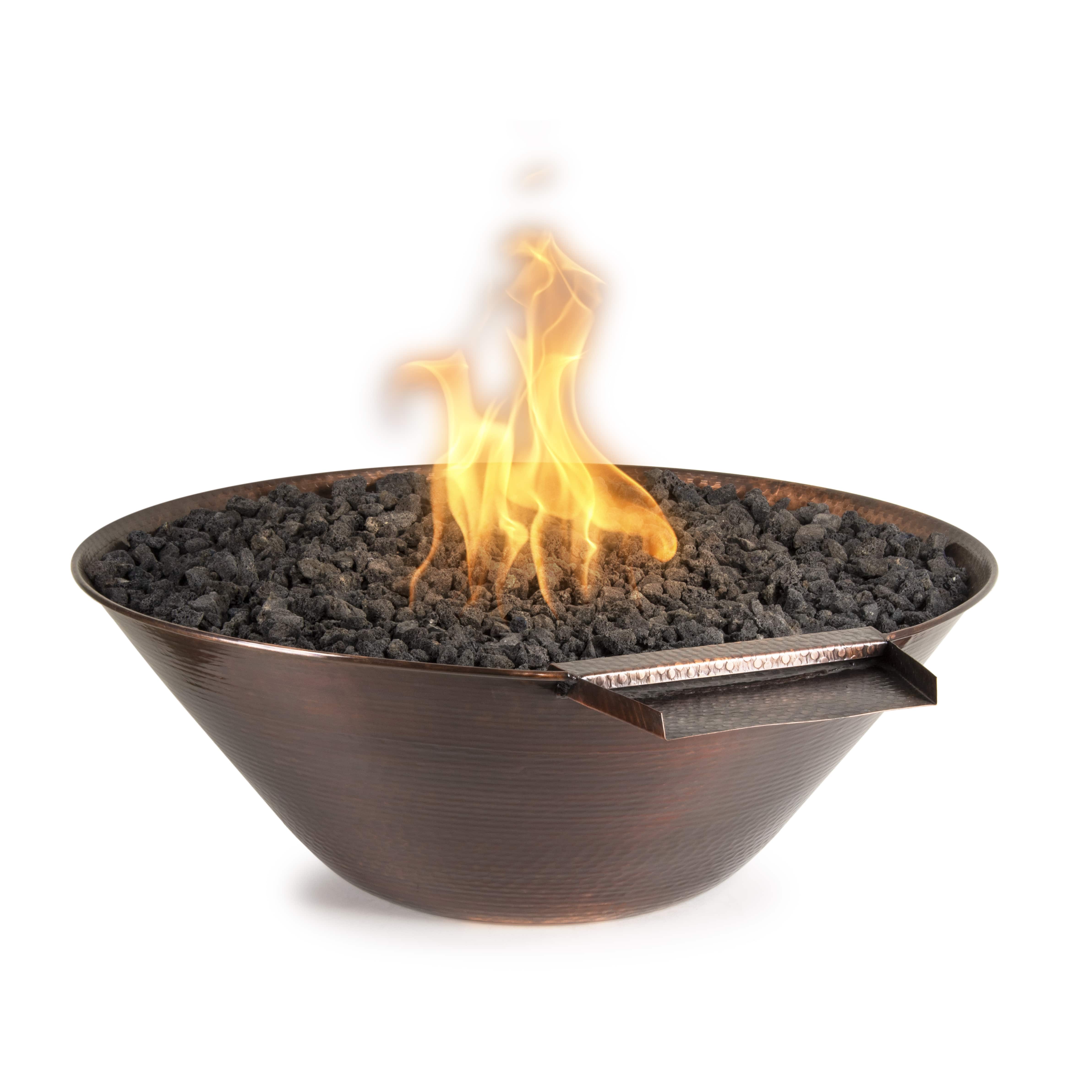 Bowl-shaped copper fire pit with flames on a white background