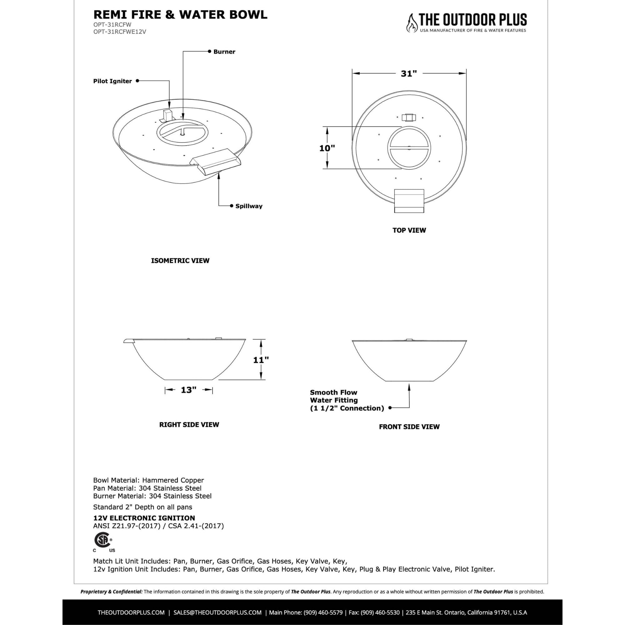 Technical drawing of a REMI fire and water bowl with dimensions and views.