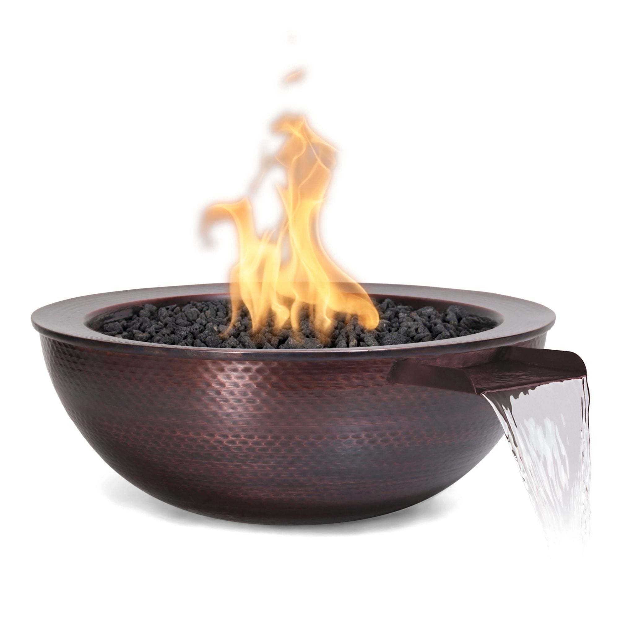 Copper fire pit with flames on a white background