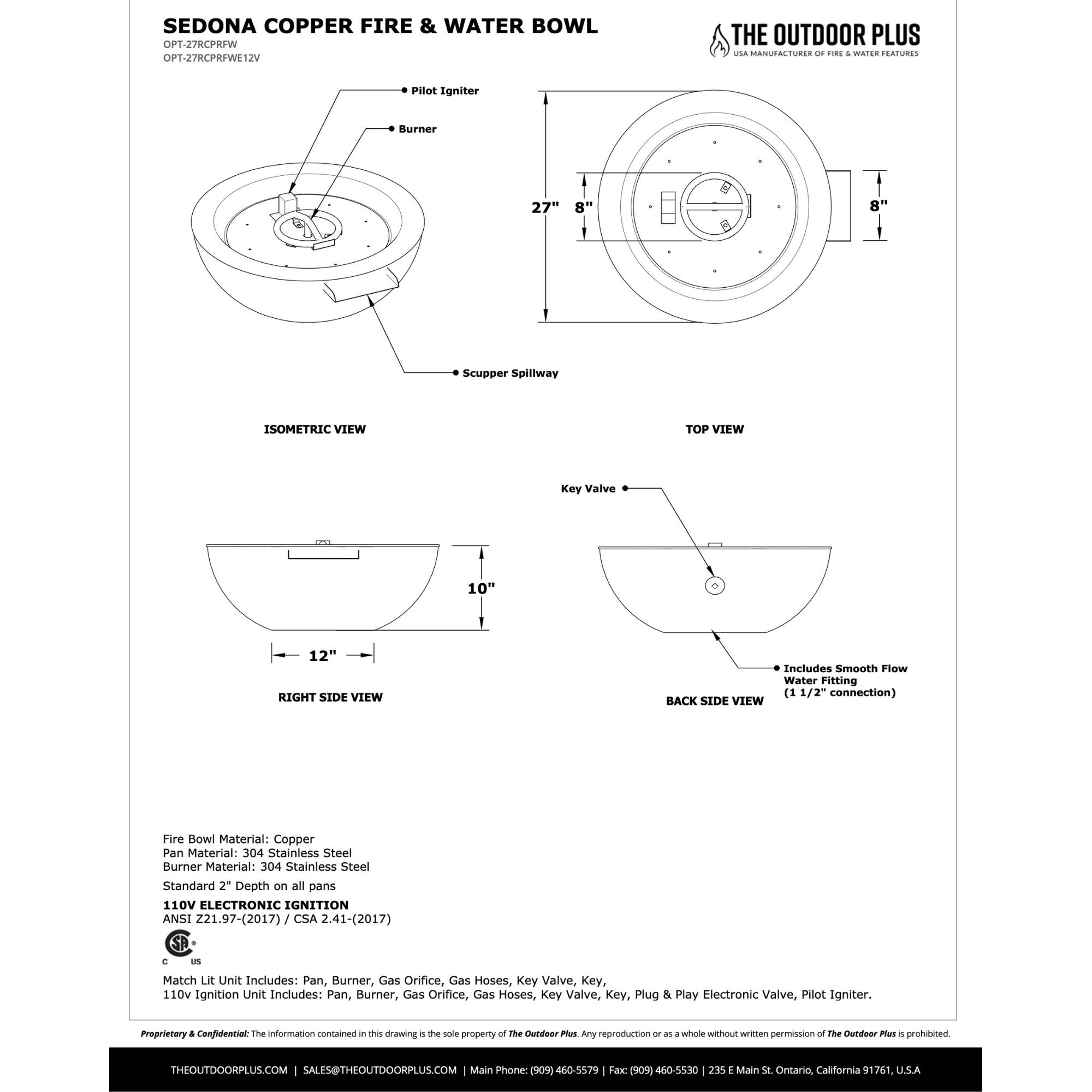 Technical diagram of a Sedona Copper Fire & Water Bowl with dimensions and views.