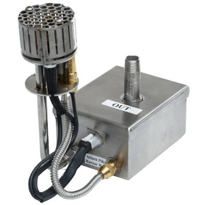 Stainless steel gas valve with various components on a white background