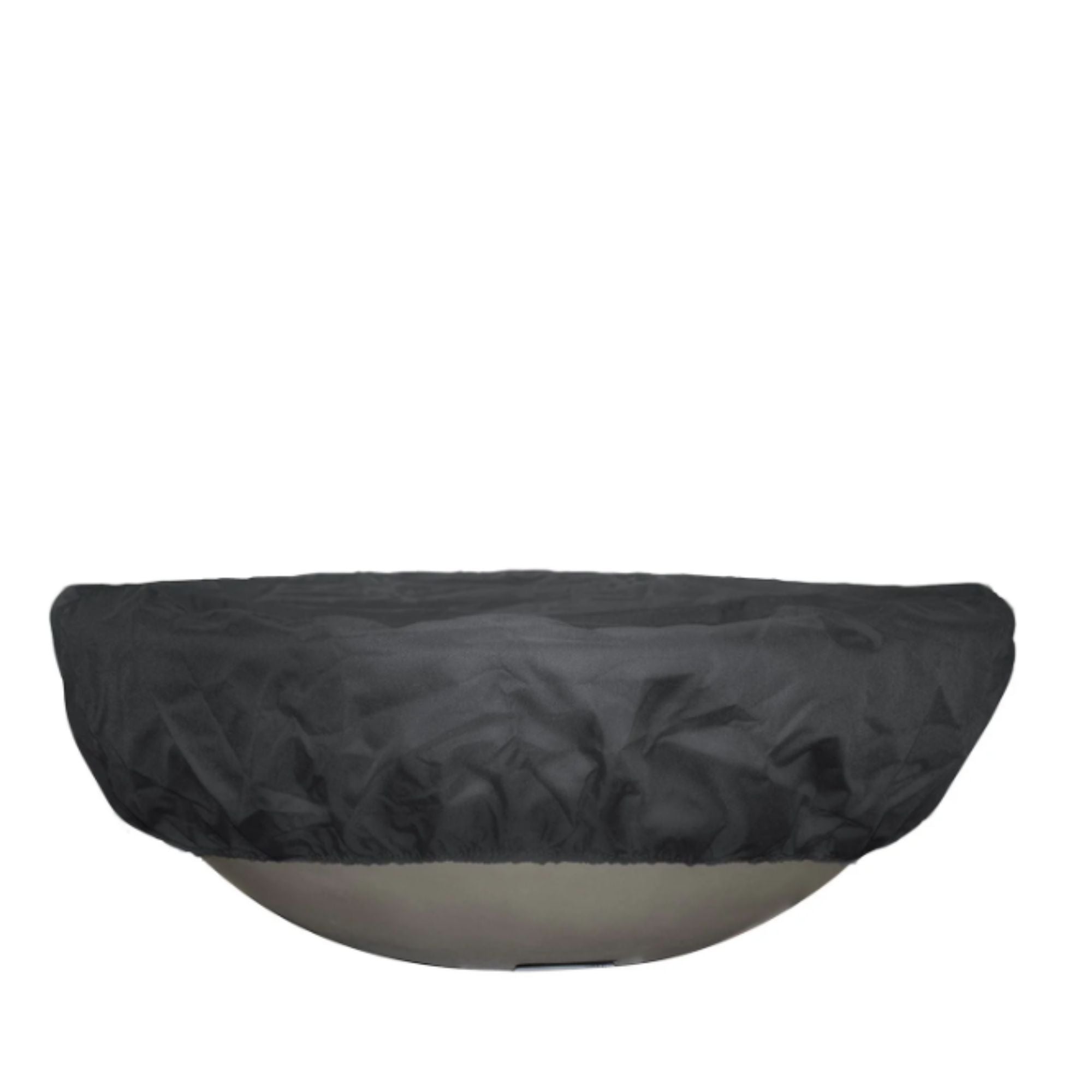 Black cover on a round fire bowl against a white background