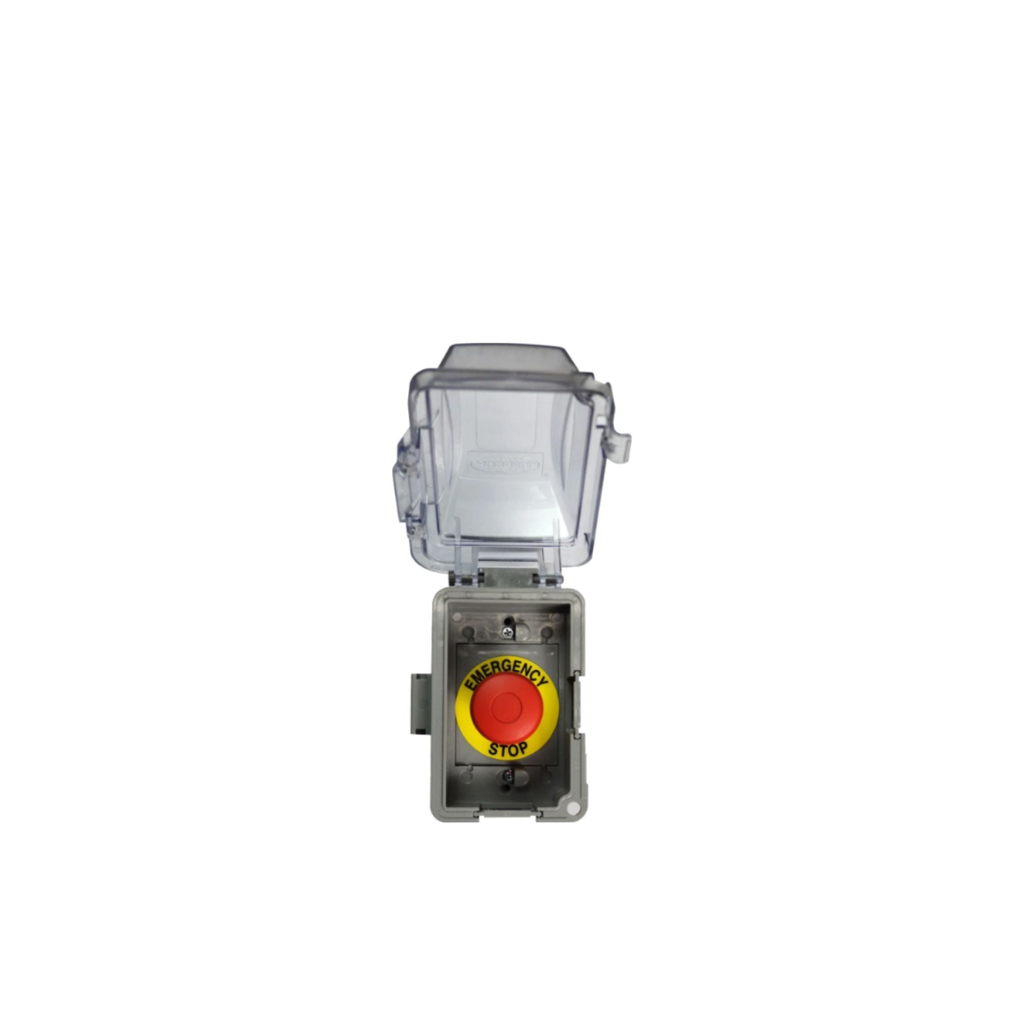 A gray waterproof electrical emergency stop box with a hinged clear lid open, featuring a red circular button with a yellow ring labeled 'EMERGENCY STOP'.