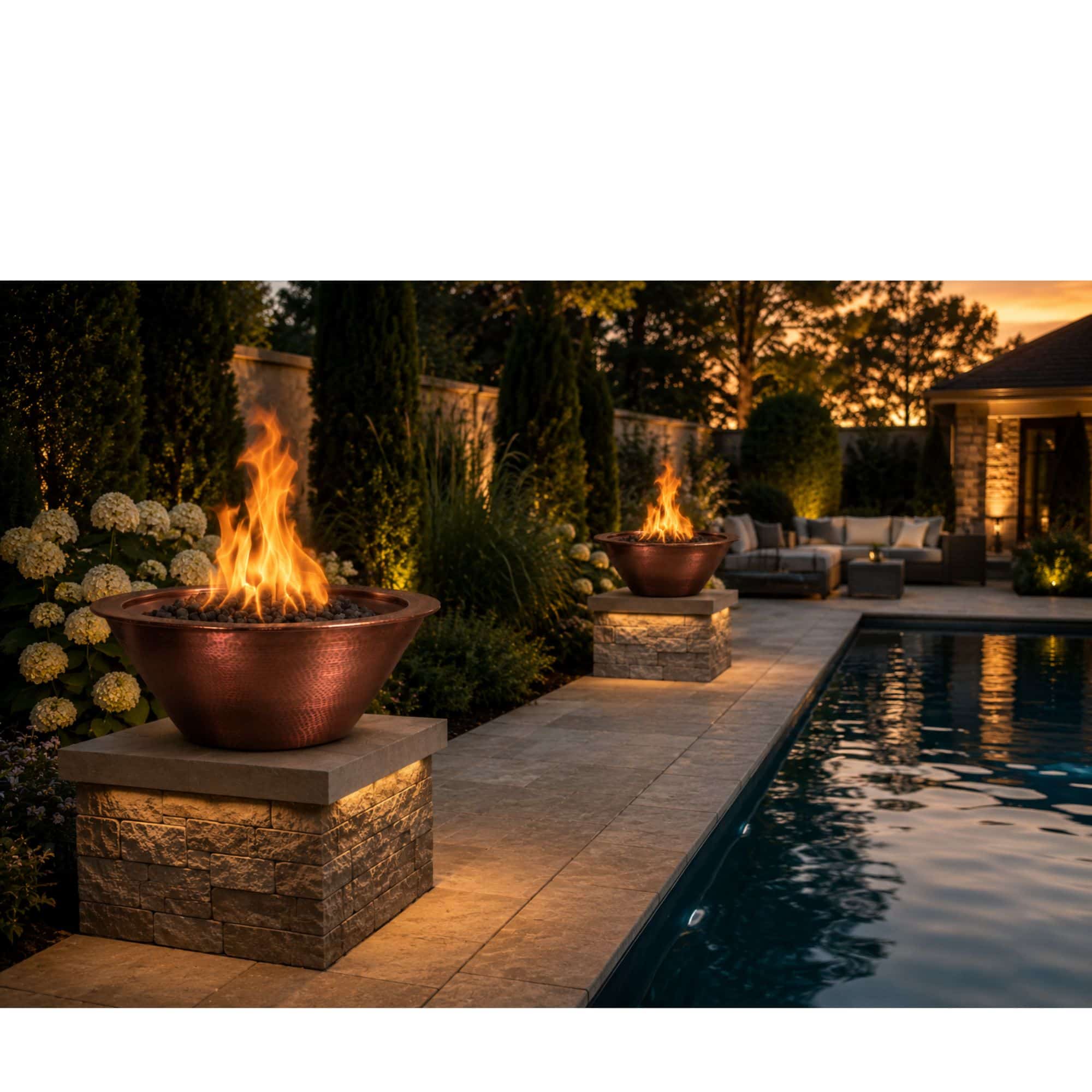 Two large copper fire pits with active flames are installed on stone pedestals beside a swimming pool at dusk, with a patio, plants, and outdoor seating in the background.