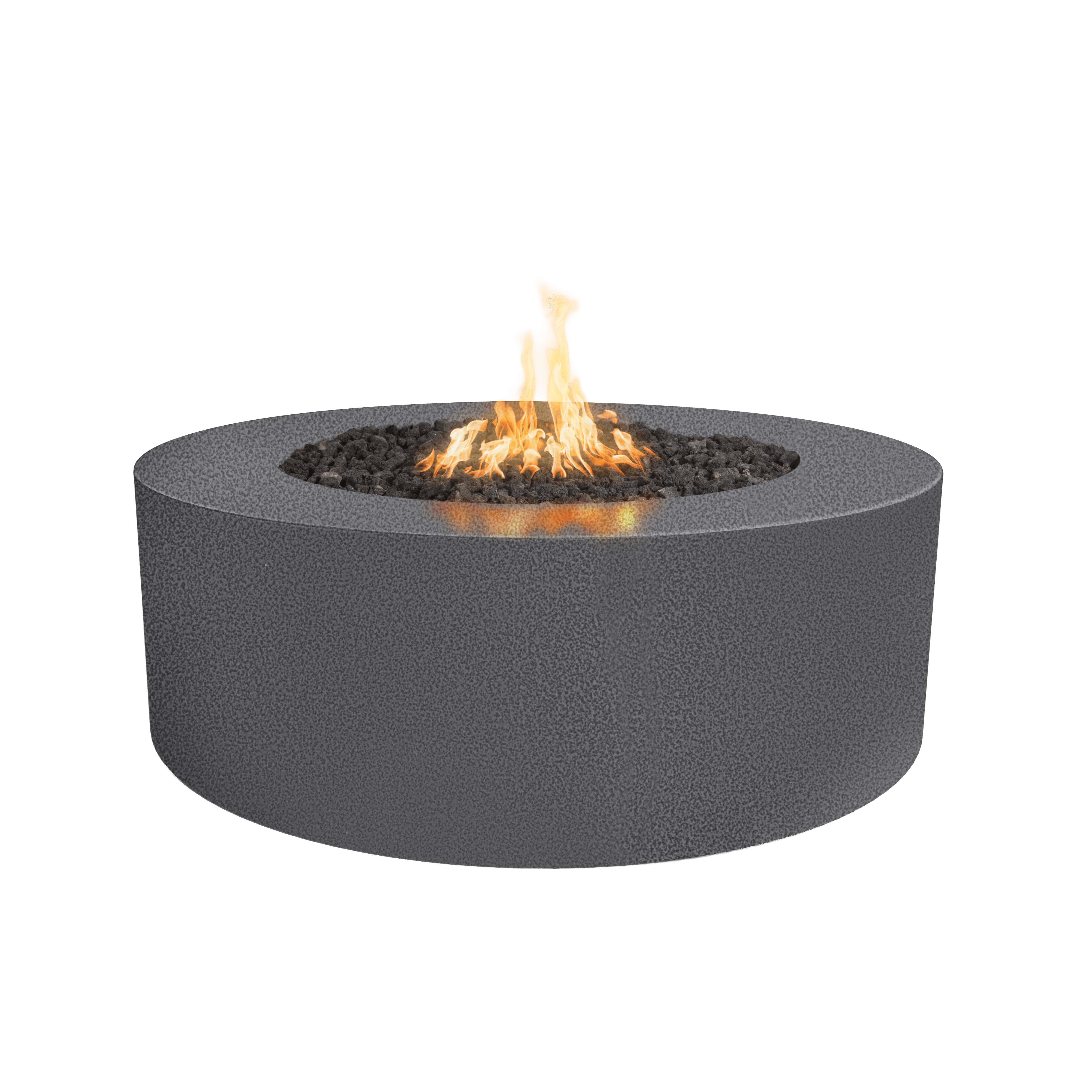 Round concrete fire pit with flames on a transparent background