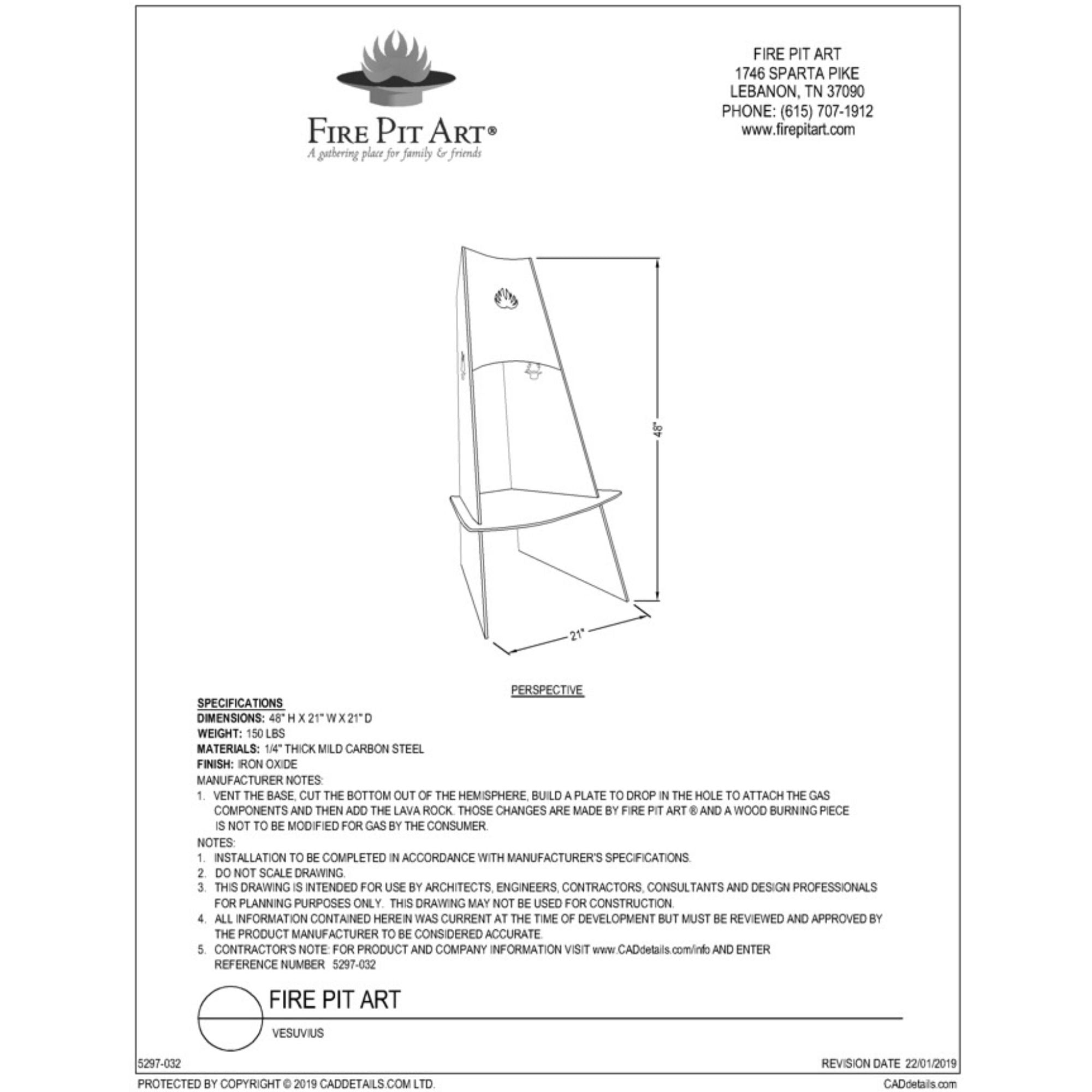 Technical drawing of a fire pit art product with dimensions and specifications.