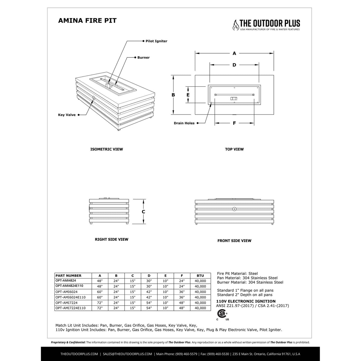 Amina Fire Pit spec sheet with dimensions