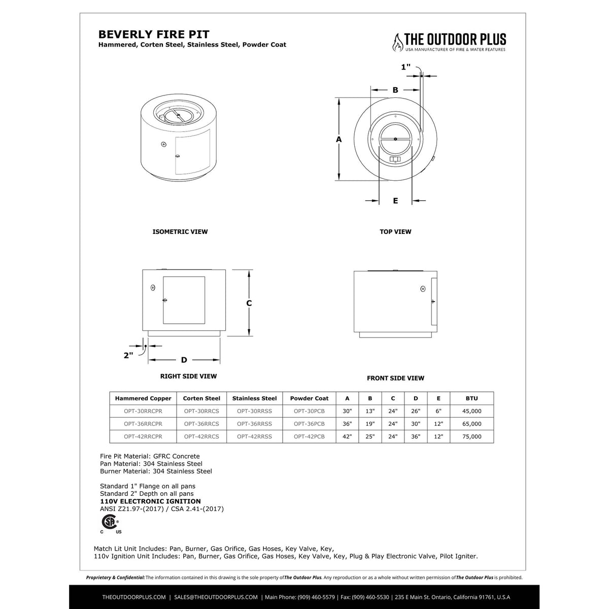 Beverly Fire Table spec sheet with dimensions