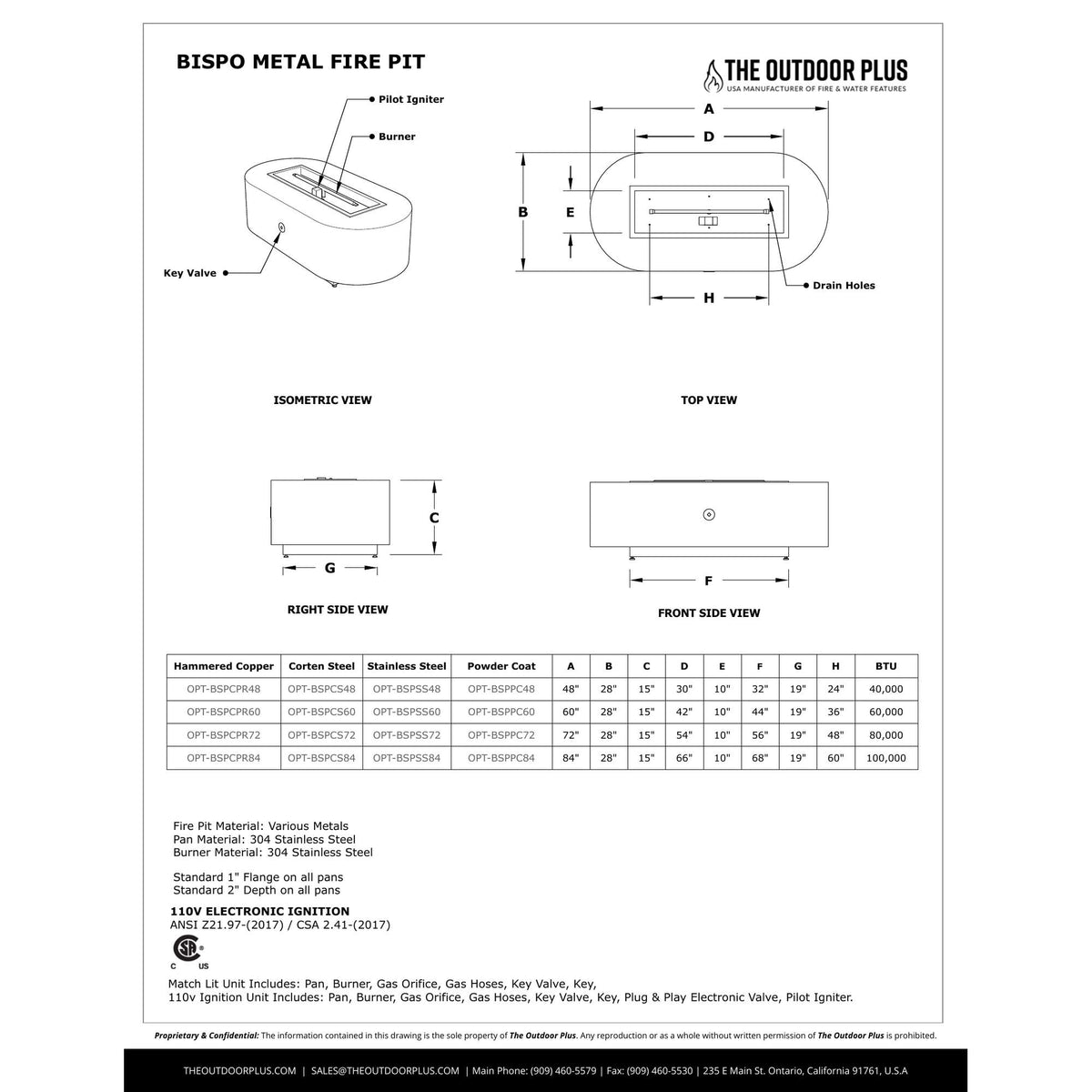 Bispo Fire Pit spec sheet with dimensions