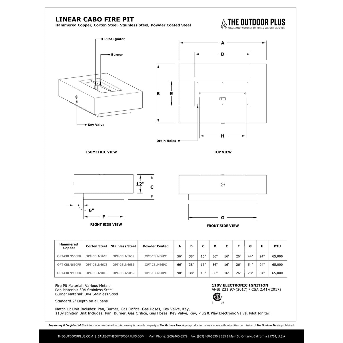 Cabo Linear Fire Pit spec sheet with dimensions