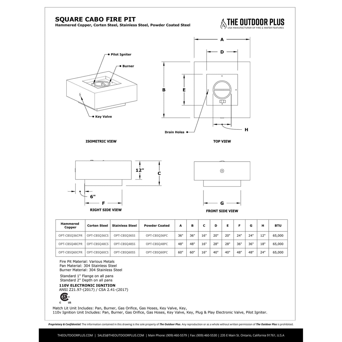 Cabo Square Fire Pit spec sheet with dimensions